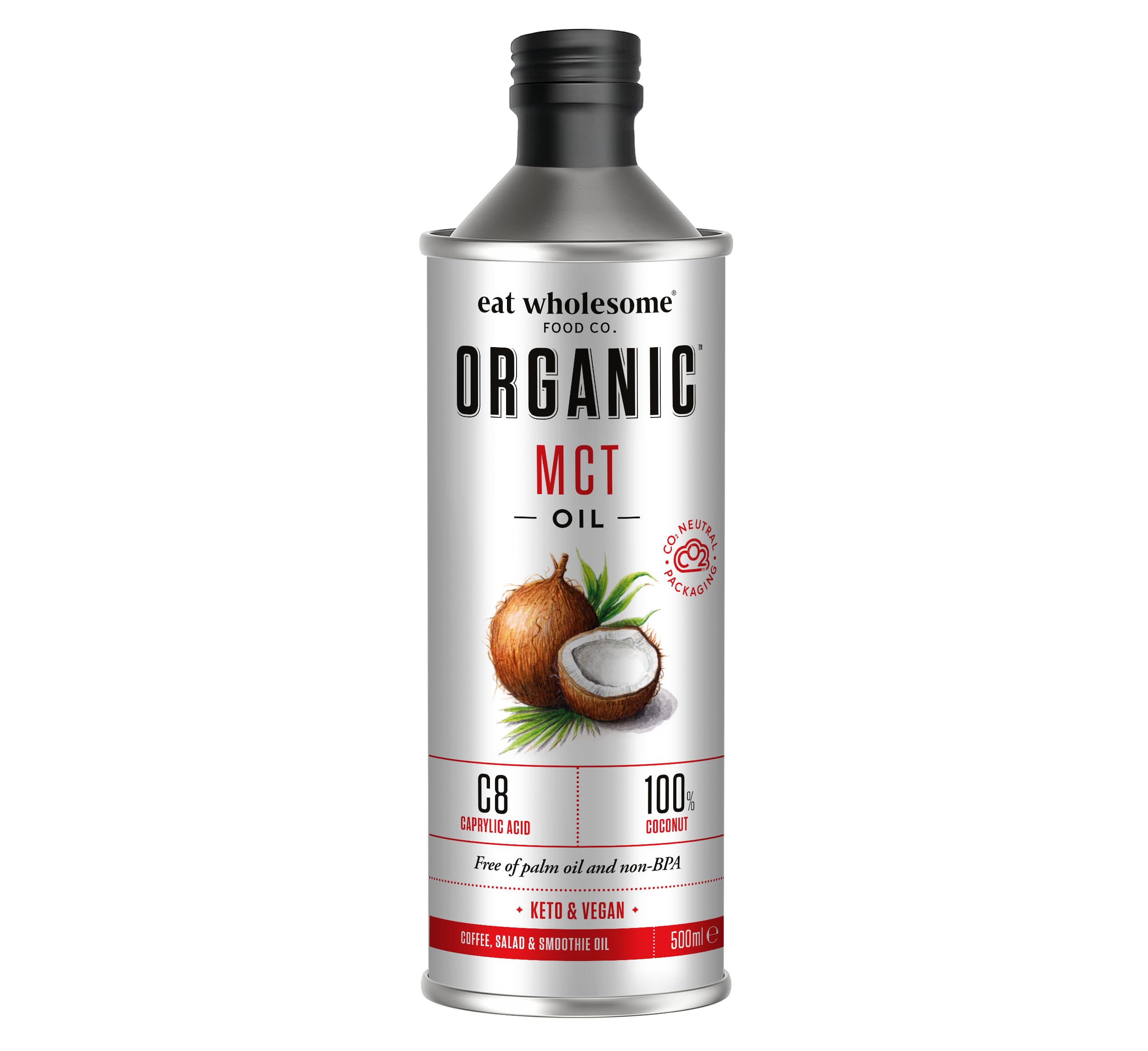 Eat Wholesome Organic MCT Oil - 500ml, High C8 & C10, Keto Friendly, CO2 Neutral