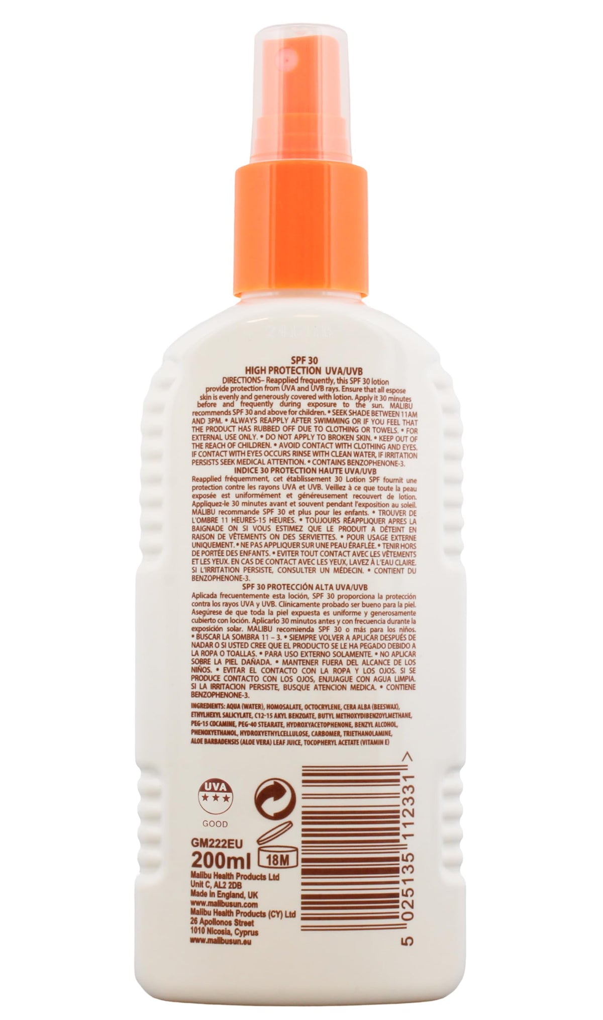 Malibu SPF 30 Moisturising Sun Lotion Spray - 200ml | High Protection | Water Resistant
