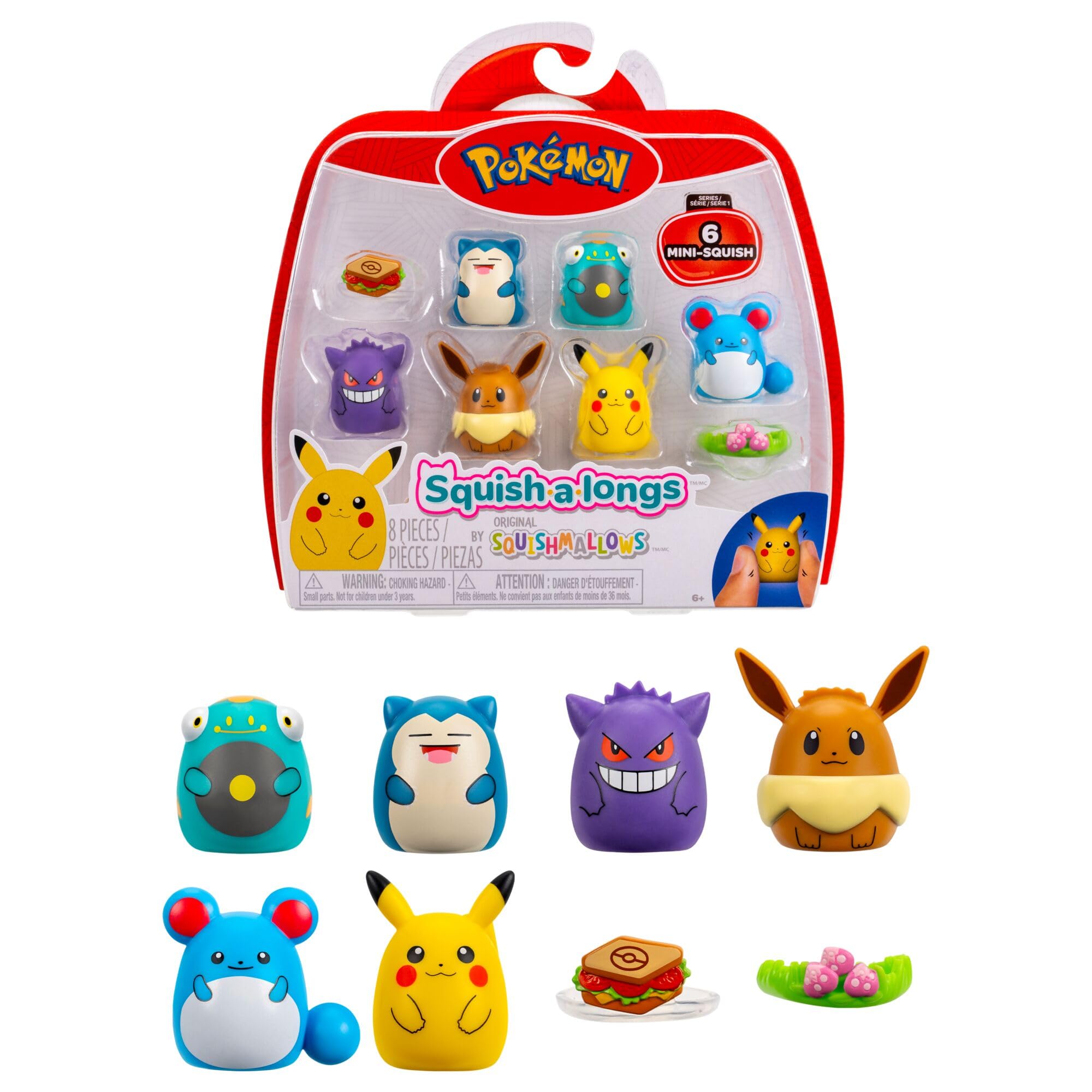 Squish-a-longs Pokémon Mini-Squish 6-Pack (Pikachu, Gengar, Snorlax, Eevee) | Plastic Collectibles | Age 6+