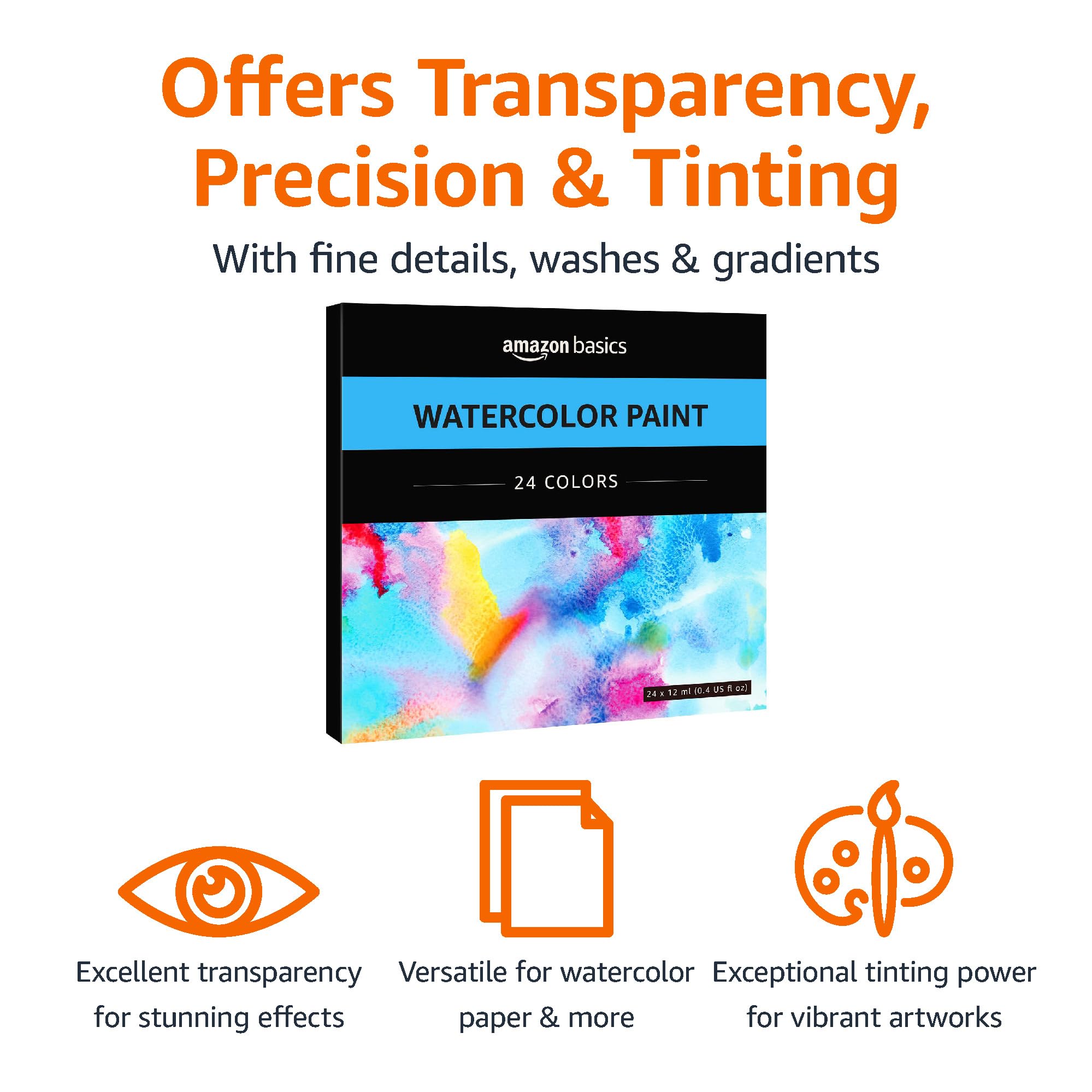 Amazon Basics Watercolour Paint Set - 24 Vibrant Tubes (12 ml Each) | Rich Hues | Good Transparency 2