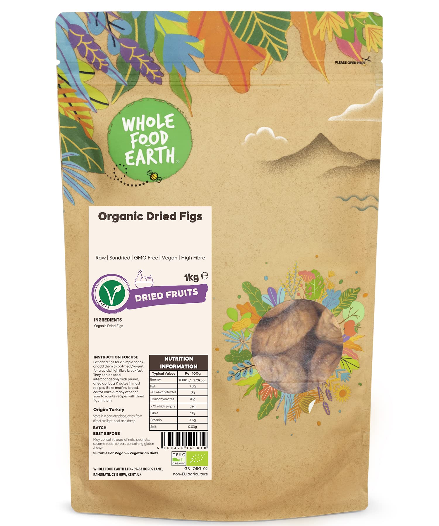 Wholefood Earth Organic Dried Figs - Raw Sundried | 1 kg Pack 1
