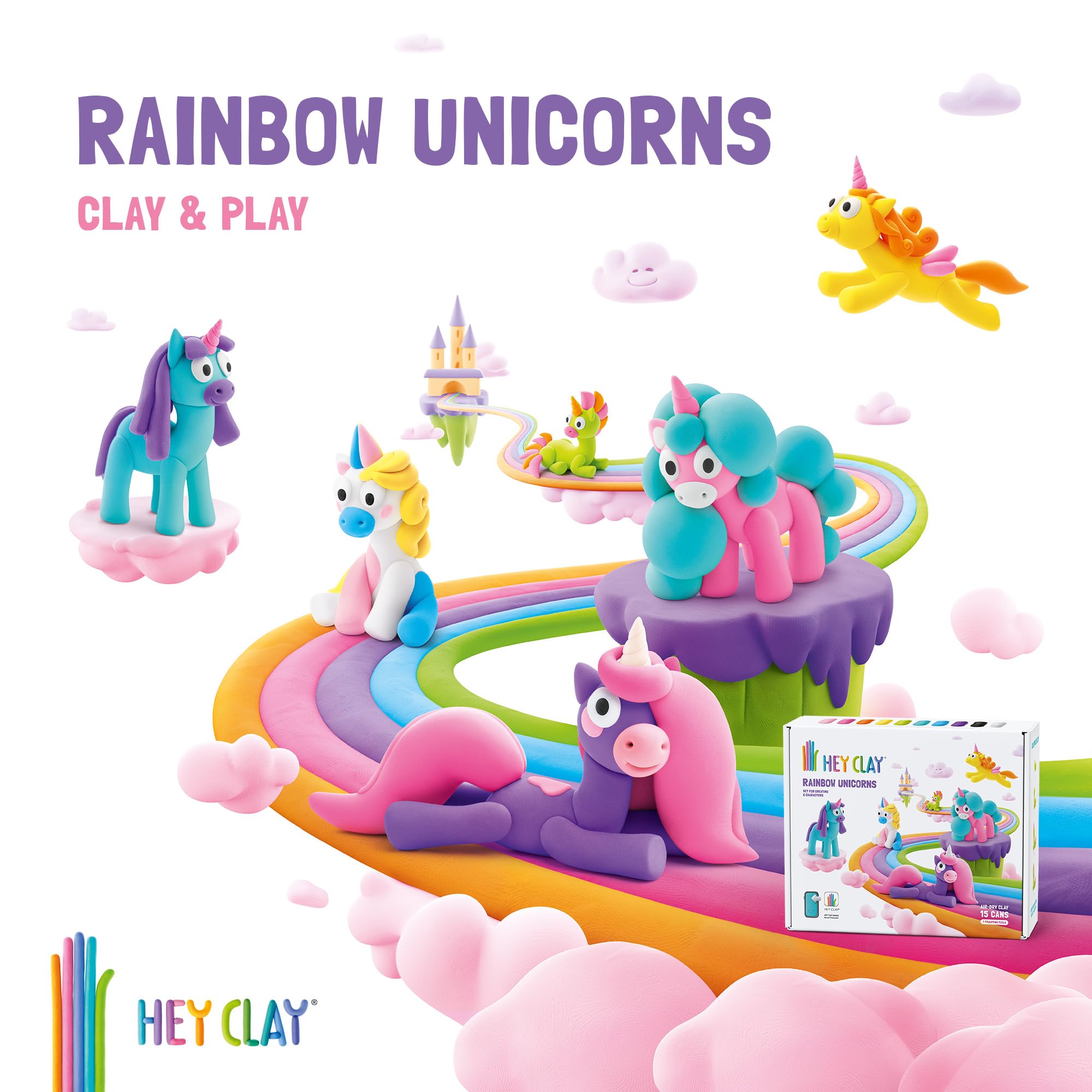 HEY CLAY Rainbow Unicorns Set - Air-Dry Clay Kit for Kids Ages 3+ 8