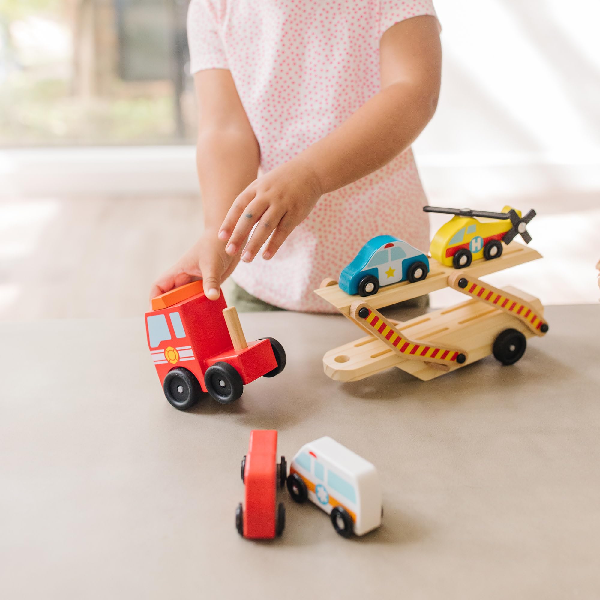 Melissa & Doug Wooden Emergency Vehicle Carrier Toy with 4 Magnetic Vehicles | Ages 3+ 6