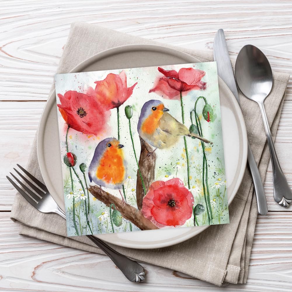 JET PAPIER GMBH Lunch Napkins - 3-Ply, Robin Birds Poppy Flowers Design | 33 x 33 cm | 20 Count 4