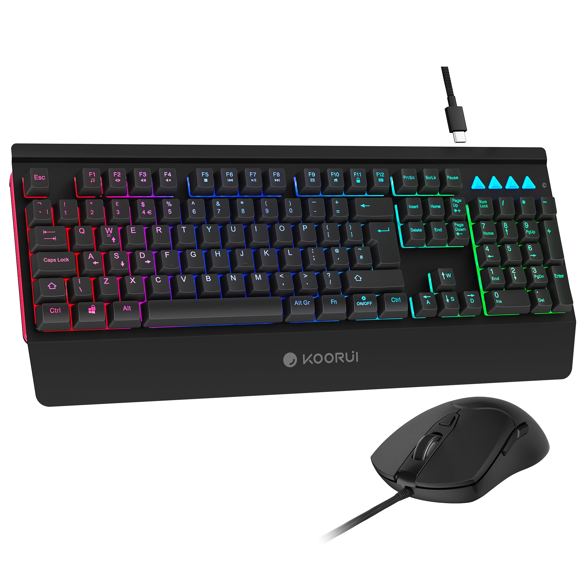 KOORUI Gaming-Tastatur-Maus-Set – 104-Tasten-QWERTY-Tastatur im mechanischen Stil mit Handballenauflage und 6-Tasten-Gaming-Maus, Schwarz