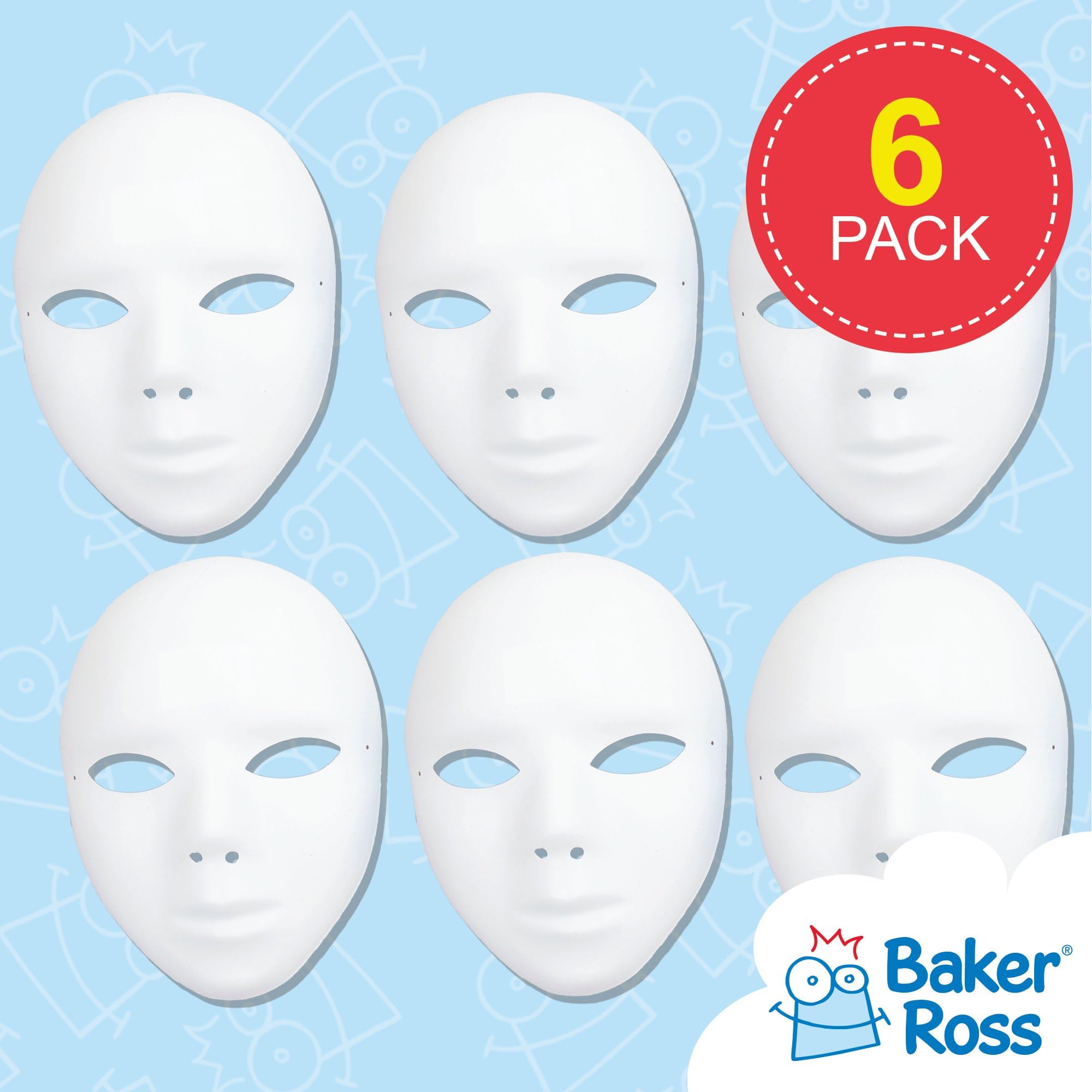 Baker Ross E1144 Blank Plastic Face Masks for Kids to Decorate - Pack of 6 | 20cm x 15cm