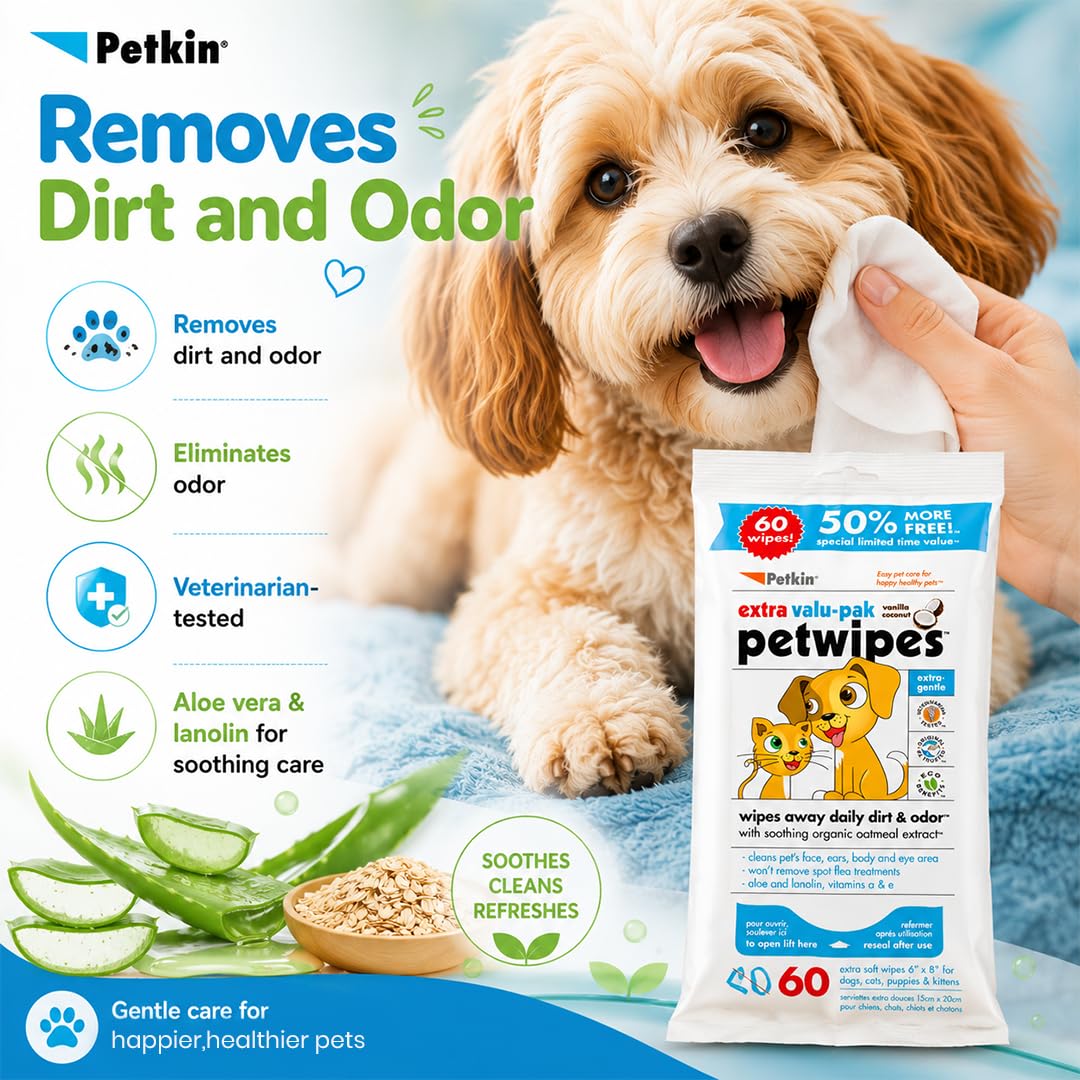 Petkin Eco Pet Wipes for Dogs and Cats - Gently Cleans Dirt & Odour | 60 Count 2