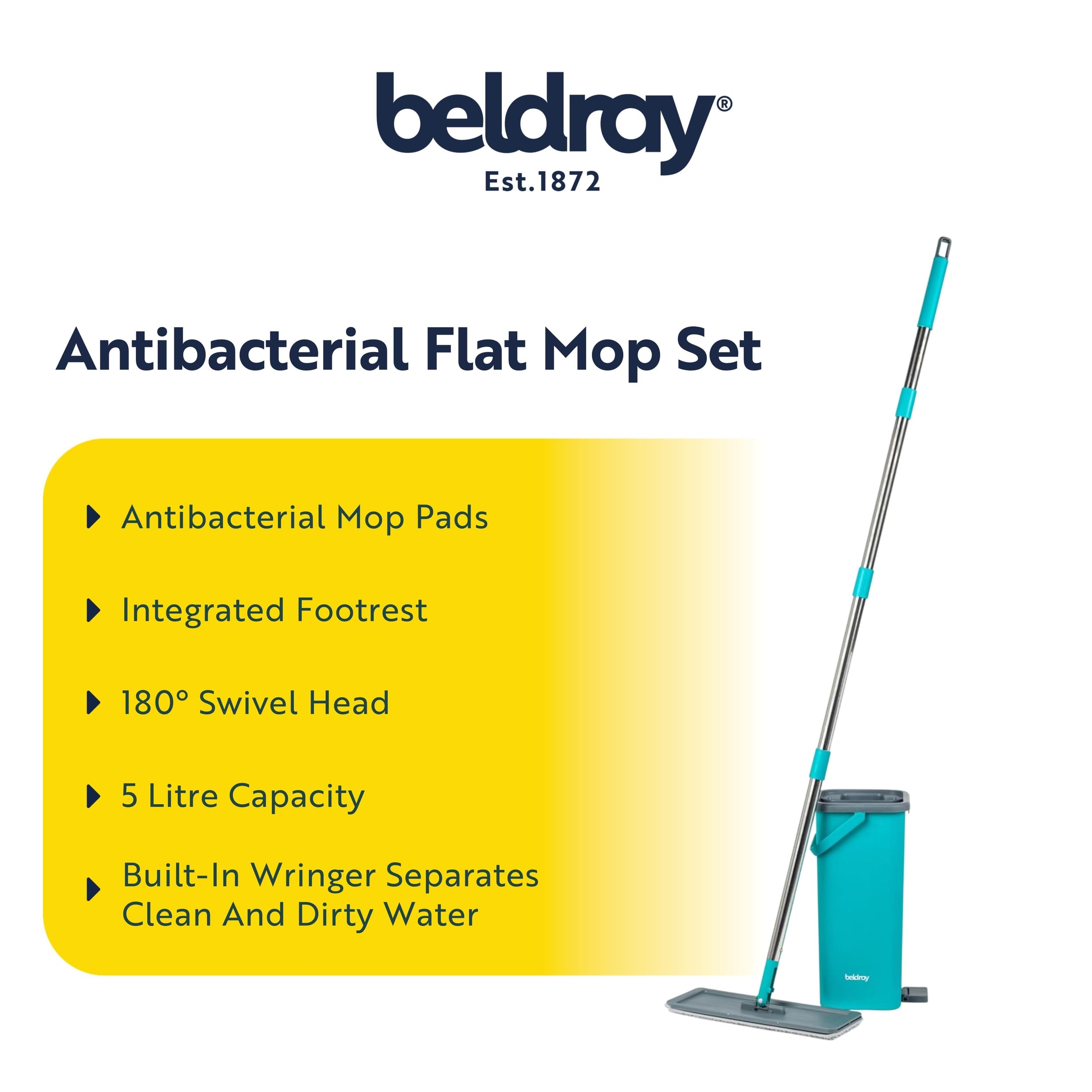 Beldray AntiBac Flat Head Mop & Bucket Set - 5L Capacity | Built-In Wringing | Microfiber Pads 2