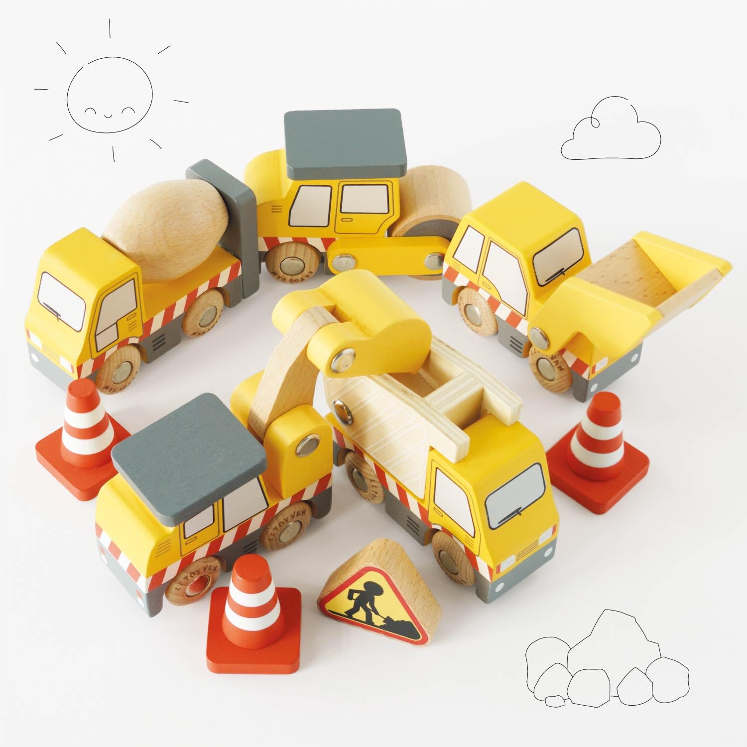 Le Toy Van Construction Vehicles Pretend Play Set with Crane, Digger, Roller | Age 3+ 5