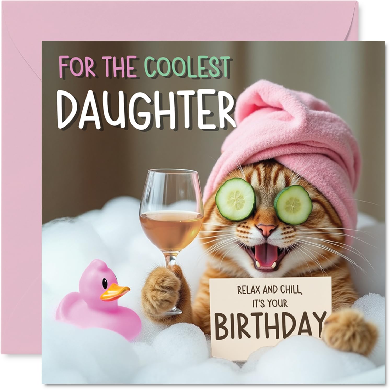 Stuff4 Funny Daughter Birthday Card - Relaxing Bath Cat Design | 145mm x 145mm