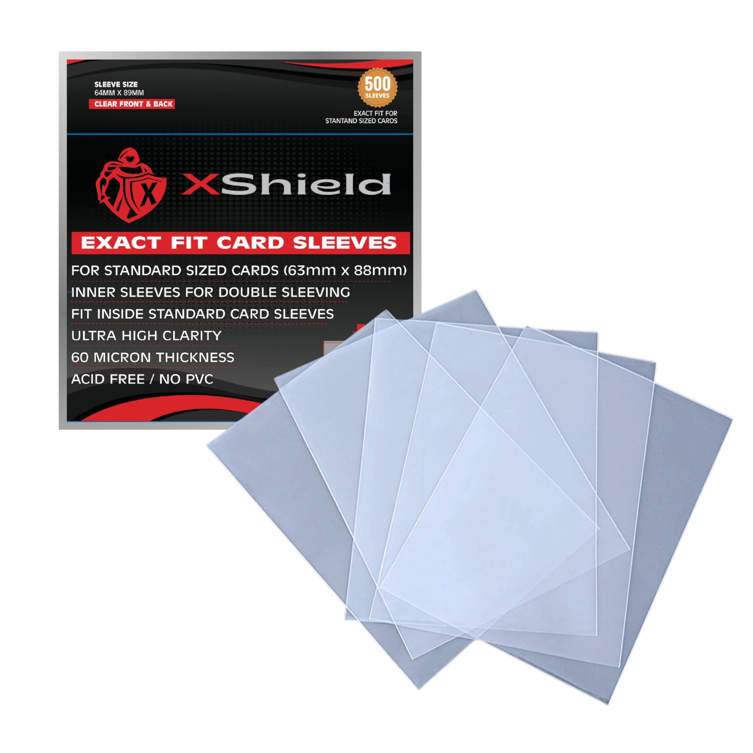 XShield Exact Fit Trading Card Sleeves - 500 Pack, 60 Micron Polypropylene, Crystal Clear