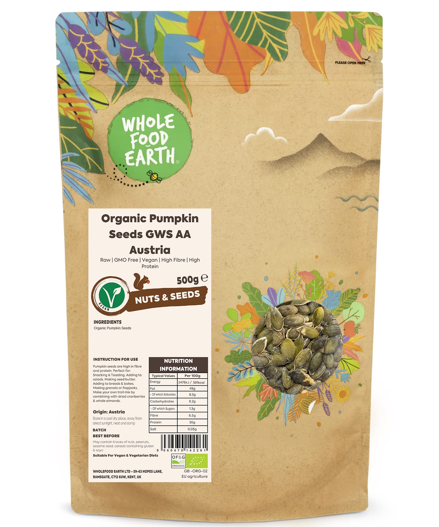 Wholefood Earth Organic Pumpkin Seeds Raw, AA Grade | 500g | GMO Free | Austria 1