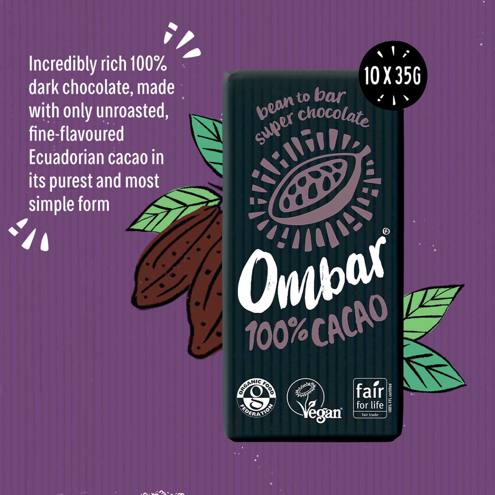 Ombar 100% Cacao Organic Vegan Dark Chocolate Bar (35g x 10) - Raw, Dairy-Free, Gluten-Free 5