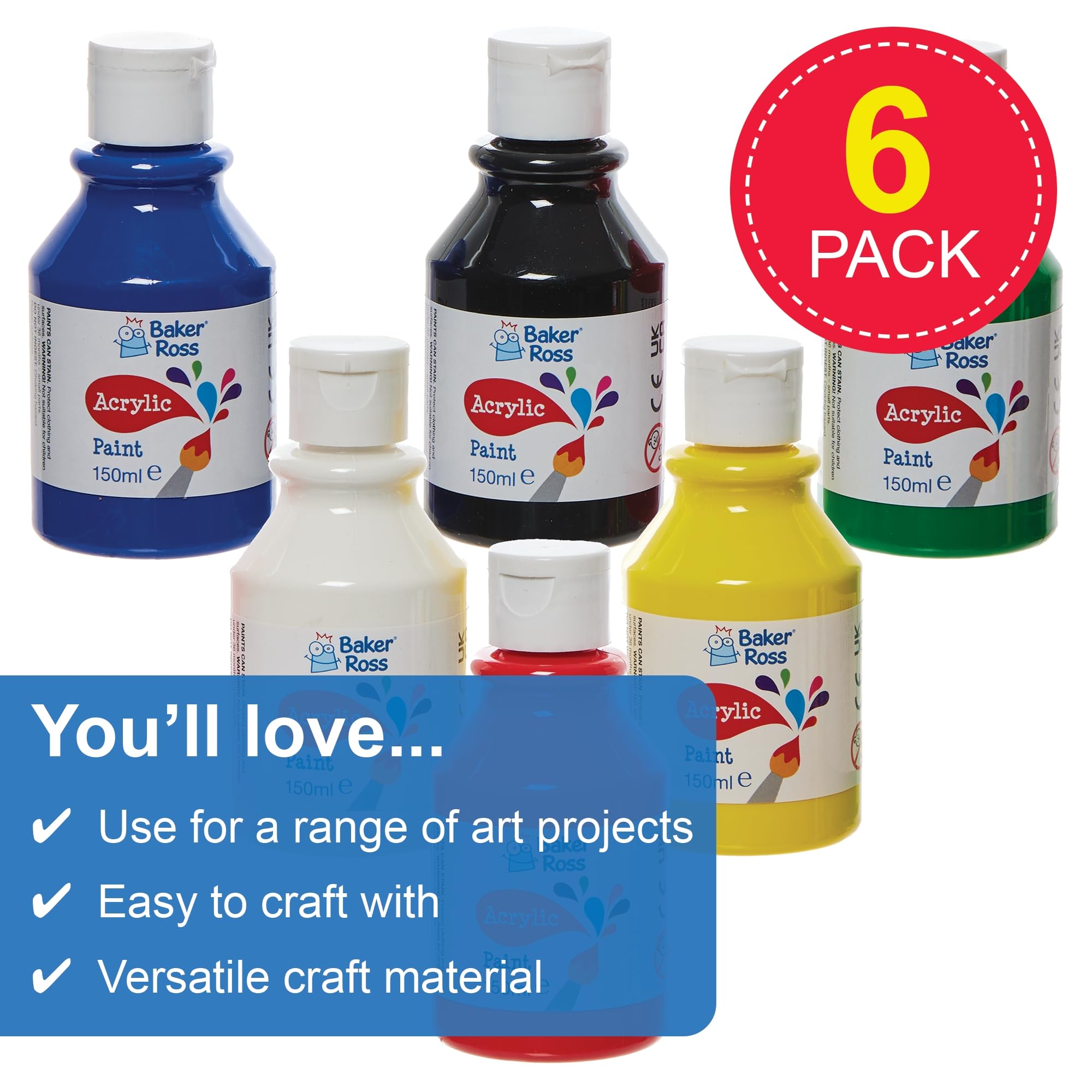 Baker Ross Primary Colours Acrylic Paints - 6 Pack, 150ml Bottles | Water-Based & Washable 2
