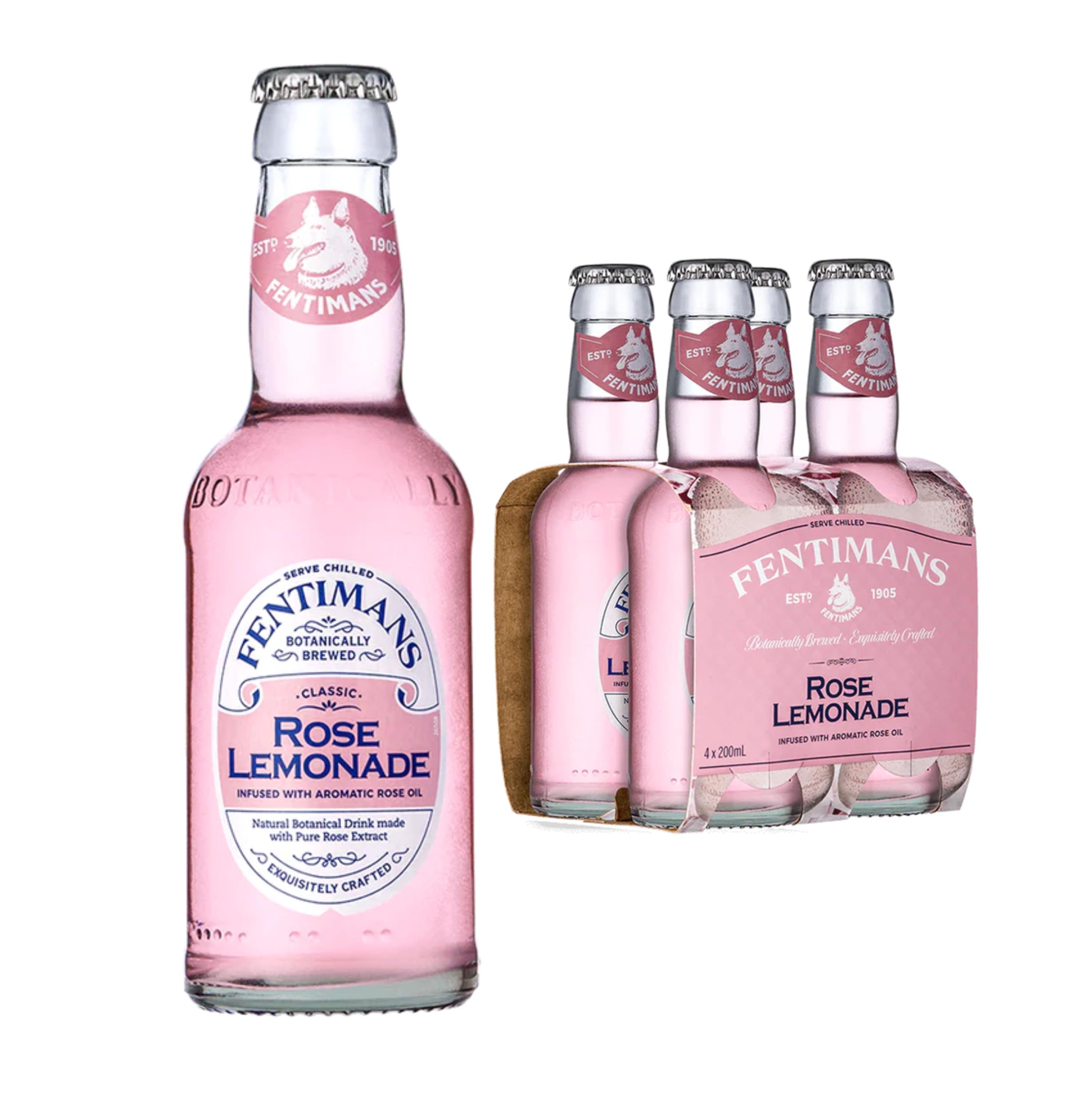 Fentimans Rose Lemonade - Botanically Brewed Sparkling Lemonade with Bulgarian Rose Oil & Lemon Juice (4 x 200ml Glass Bottles)