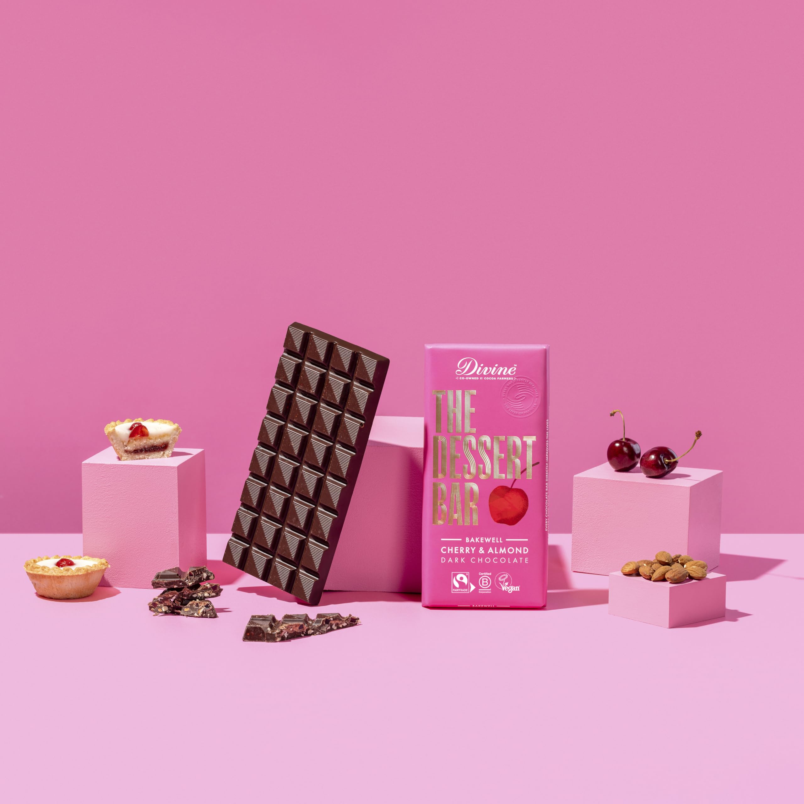 Divine Dark Chocolate Bakewell Bar with Cherry & Almond 60% Cocoa 180g