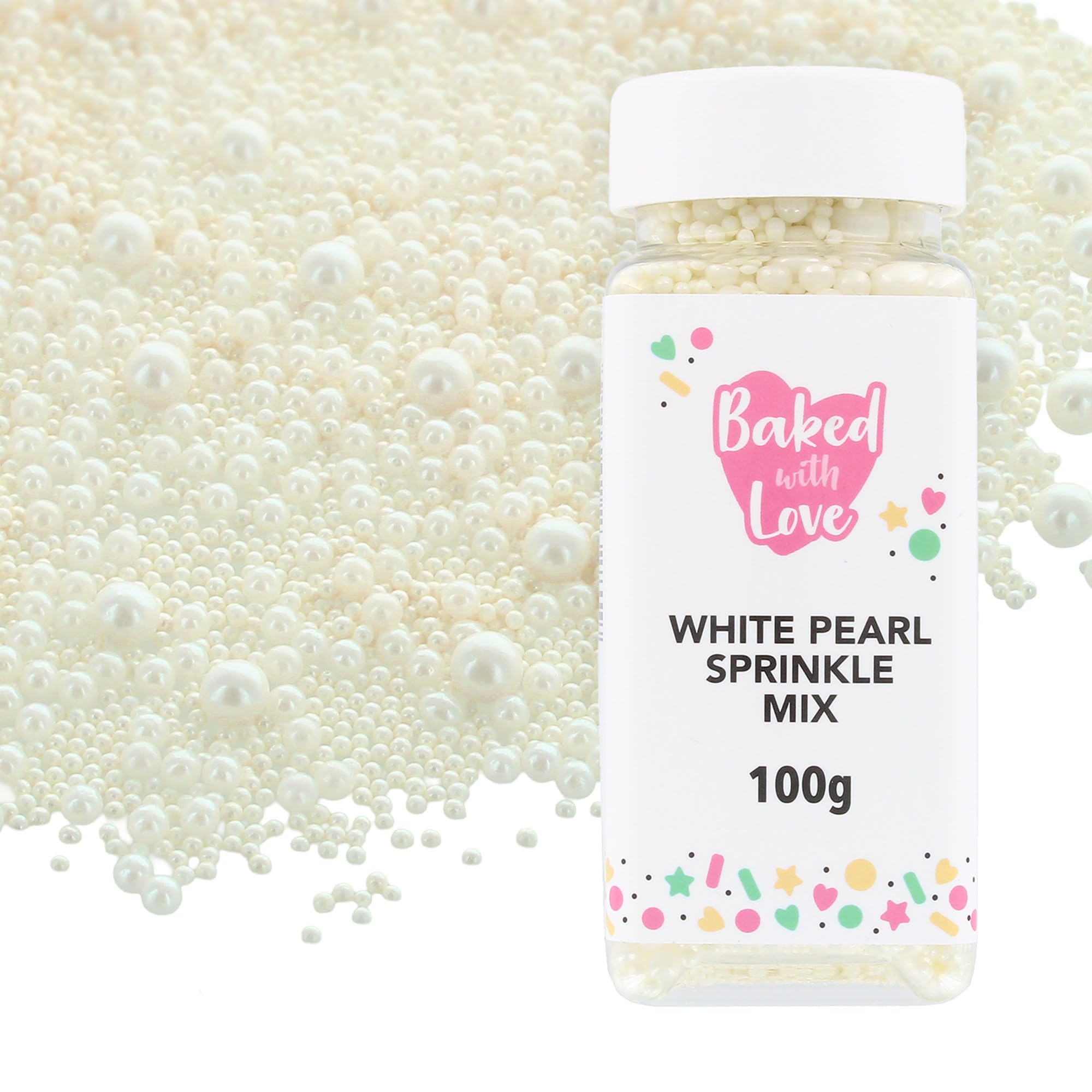 Mit Liebe gebacken – Weiße Perlenstreusel-Mix | 100 g wiederverschließbare Flasche | Perlmutt-Zuckerkugeln für Kuchen & Cupcakes