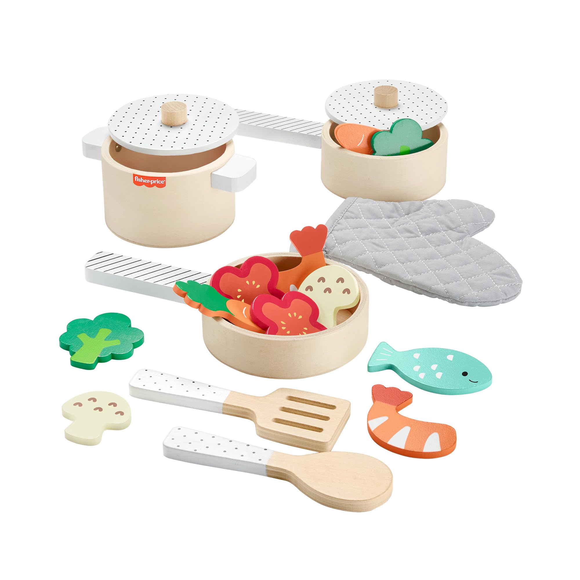 Fisher-Price Wood Kitchen Pretend Play Pots & Pans Set - 19-Piece Playset for Kids Ages 3+