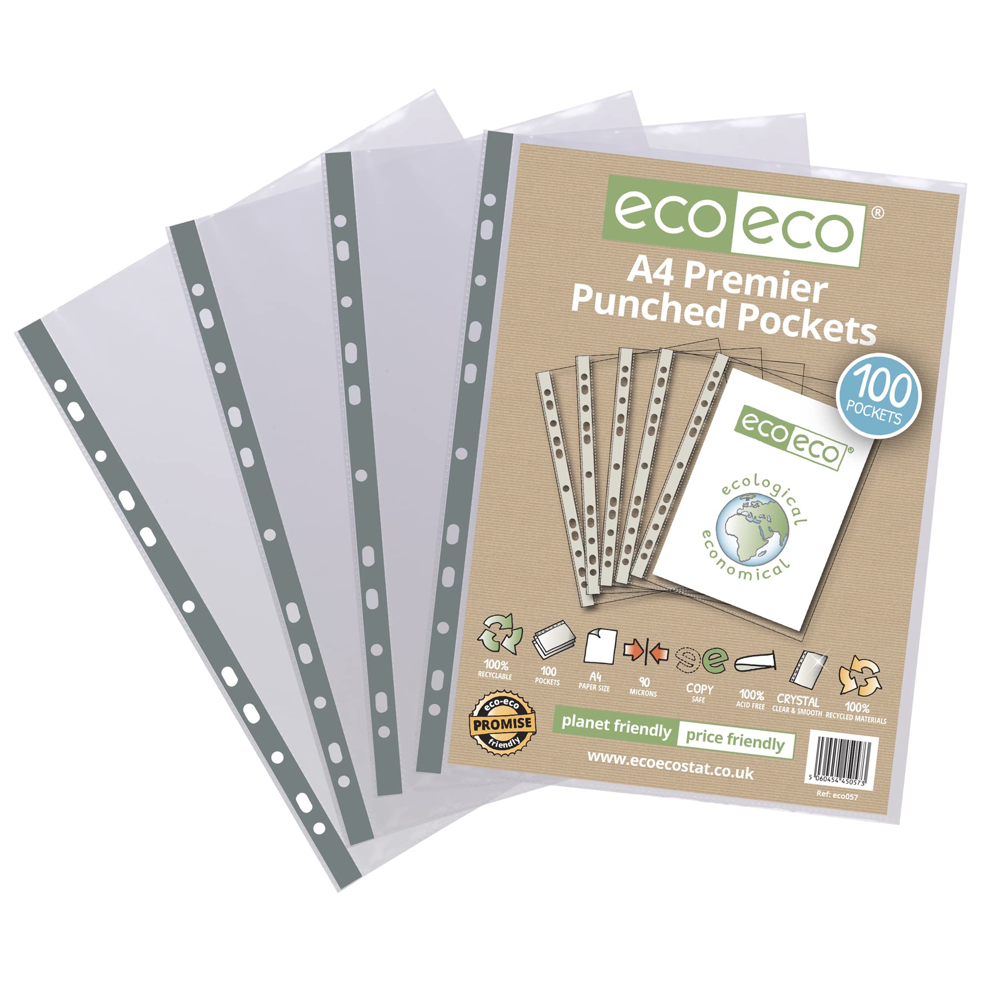 eco-eco Premier Multi Punched File Pockets - A4 Size, Glass Clear, 100 Pack | 100% Recycled