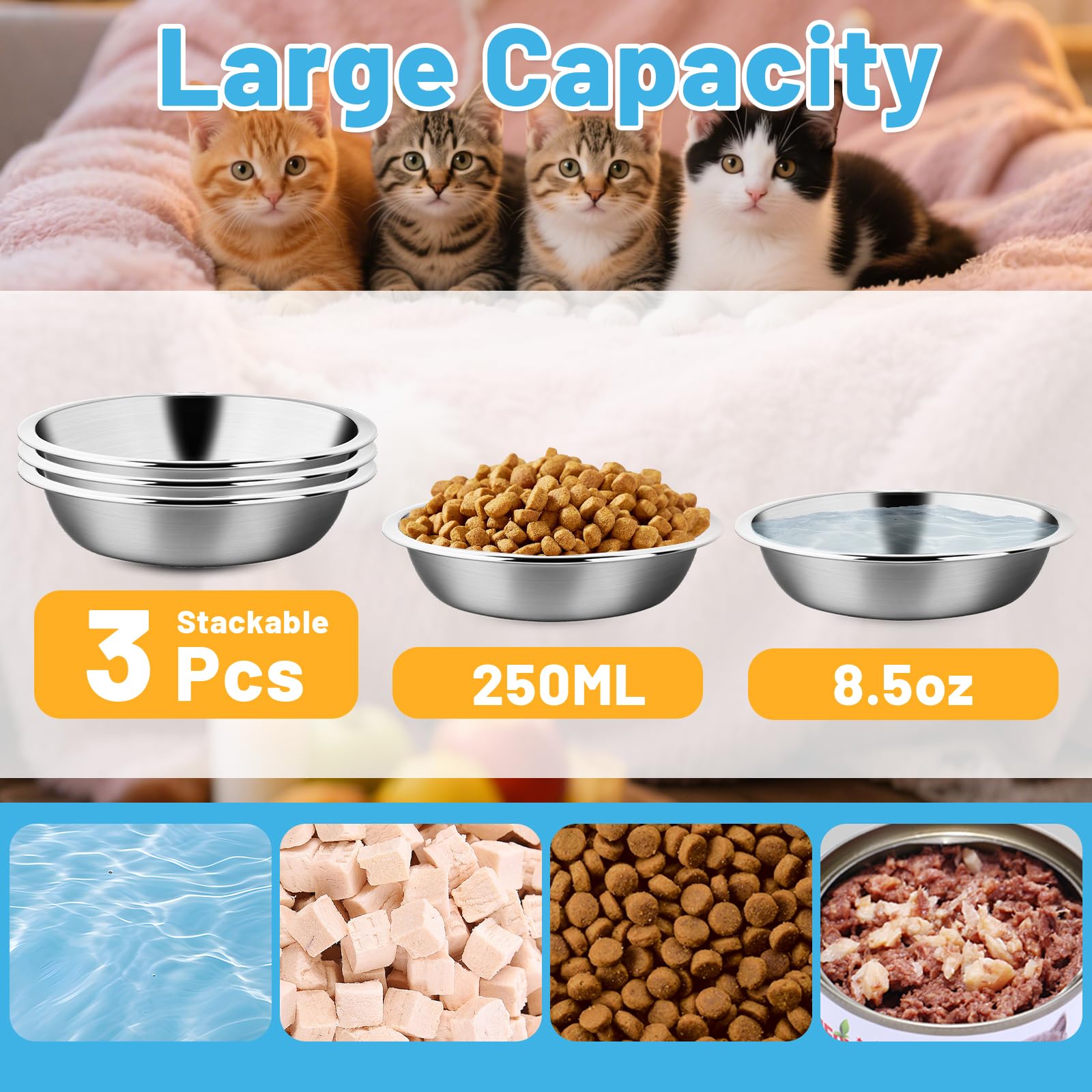 MOXYOY Stainless Steel Cat Food Bowls - 3 Pcs Set, 5.5in Diameter, Shallow Whisker-Friendly Design