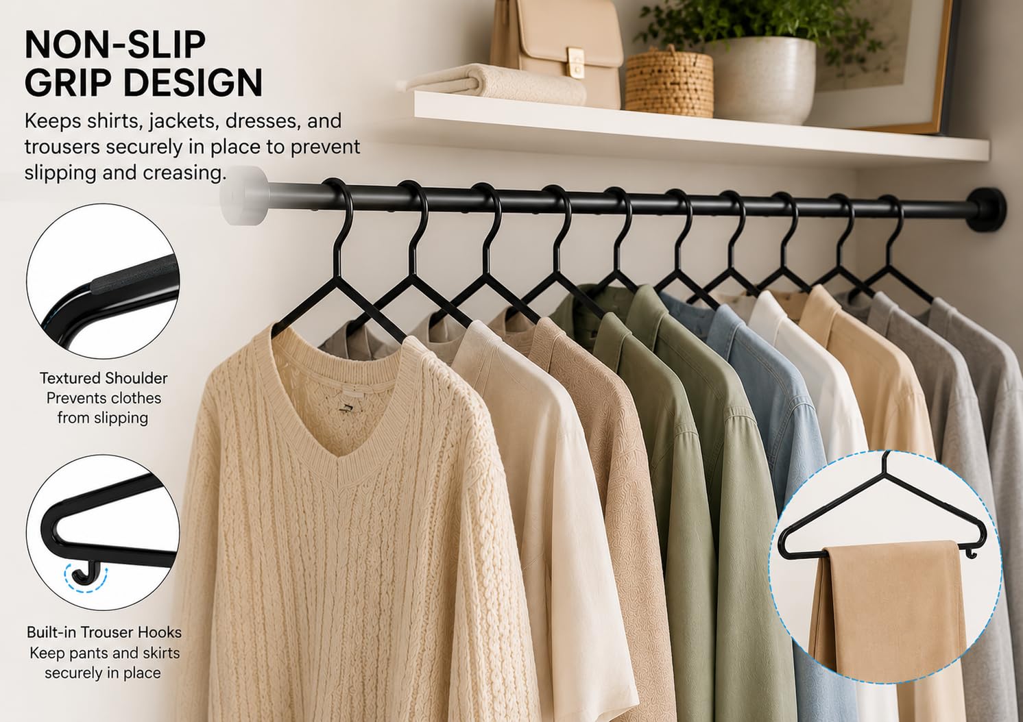 1ABOVE 50 Pack Black Plastic Clothes Hangers – Durable Non-Slip Space Saving for Adult Clothing 6