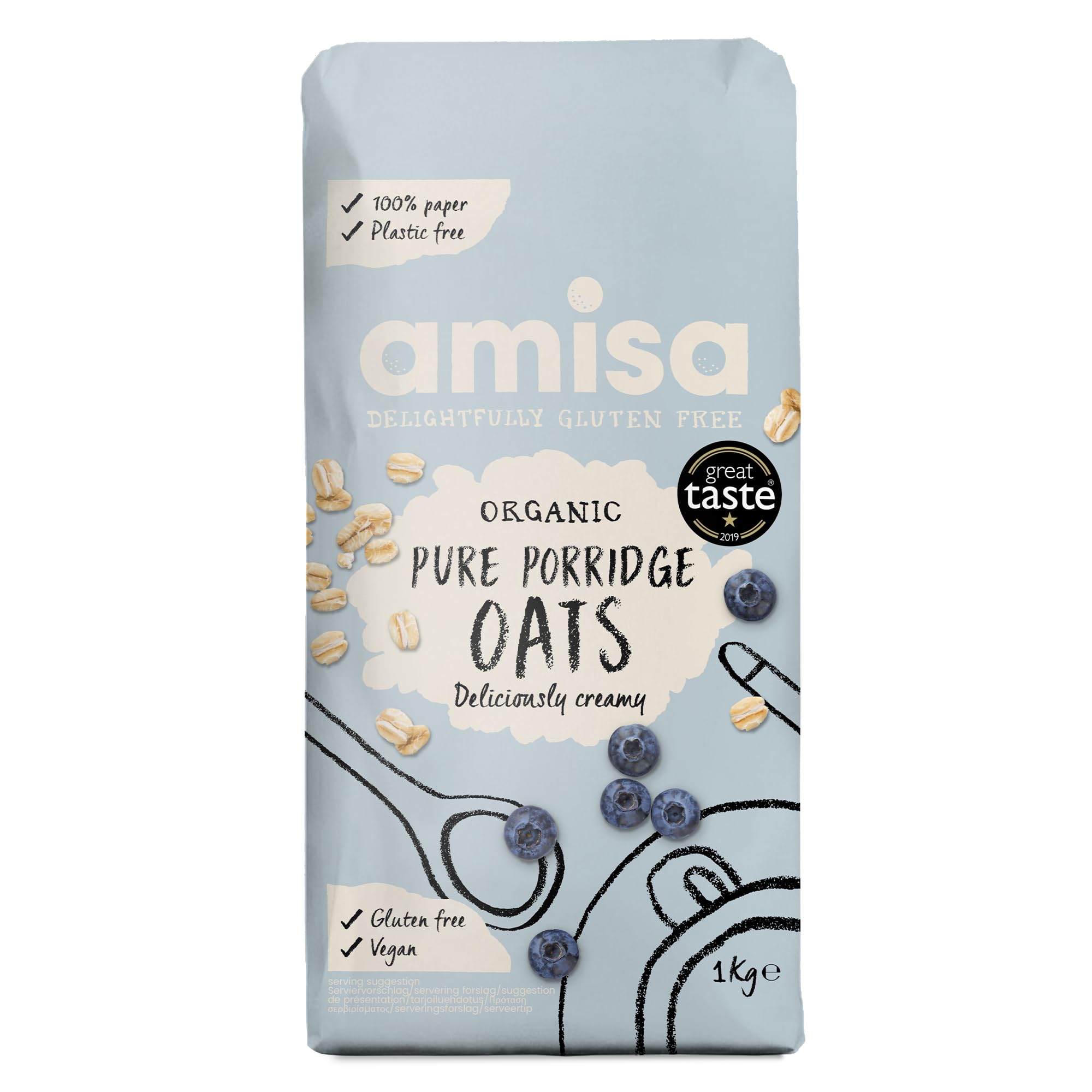 Amisa Organic Gluten-Free Porridge Oats - 1kg Pack | High Fibre Wholegrain Flakes