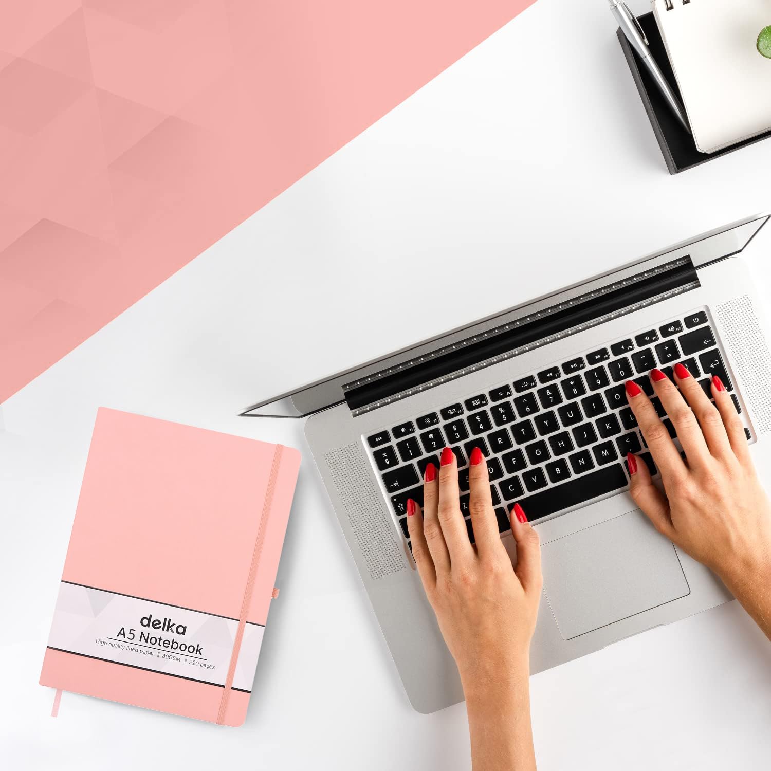 delka A5 Notebook - Vegan Leather Soft Cover Journal | 220 Ruled Pages | Pastel Pink