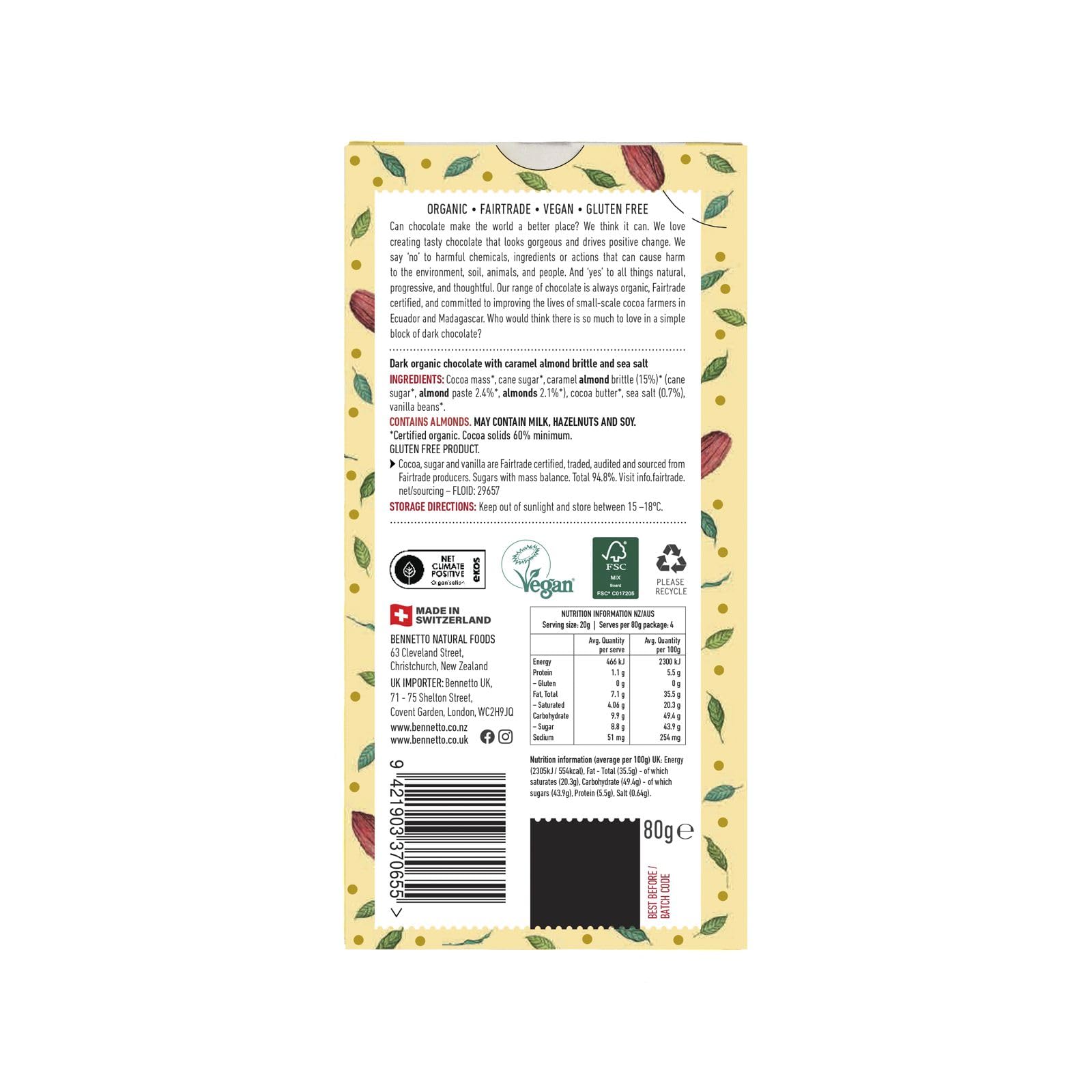 Bennetto Dark Salted Caramel Chocolate Bar - Organic Fairtrade Vegan Dark Chocolate with Sea Salt, 80g