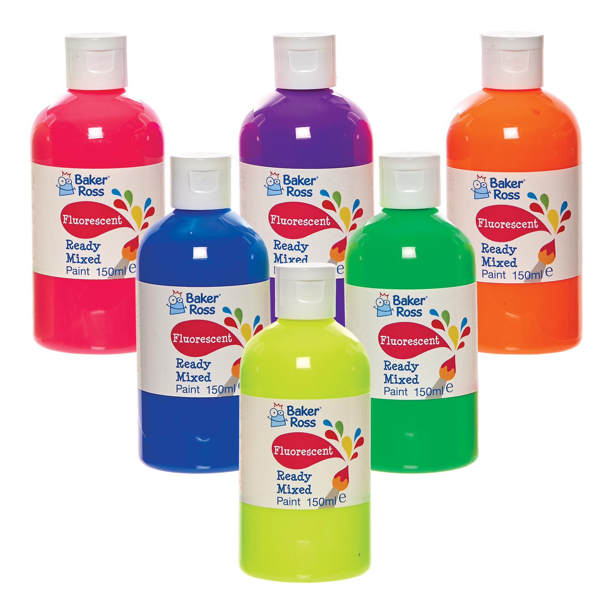 Baker Ross FN247 Fluorescent Ready Mixed Poster Paint - 6 x 150ml Bottles | Washable 1