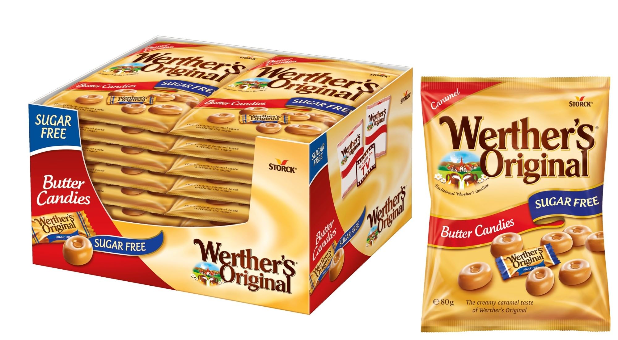 Werther's Original - Zuckerfreie Butterbonbons mit klassischem Karamellgeschmack, Glutenfrei & Vegetarisch, 80 g (18er Pack)
