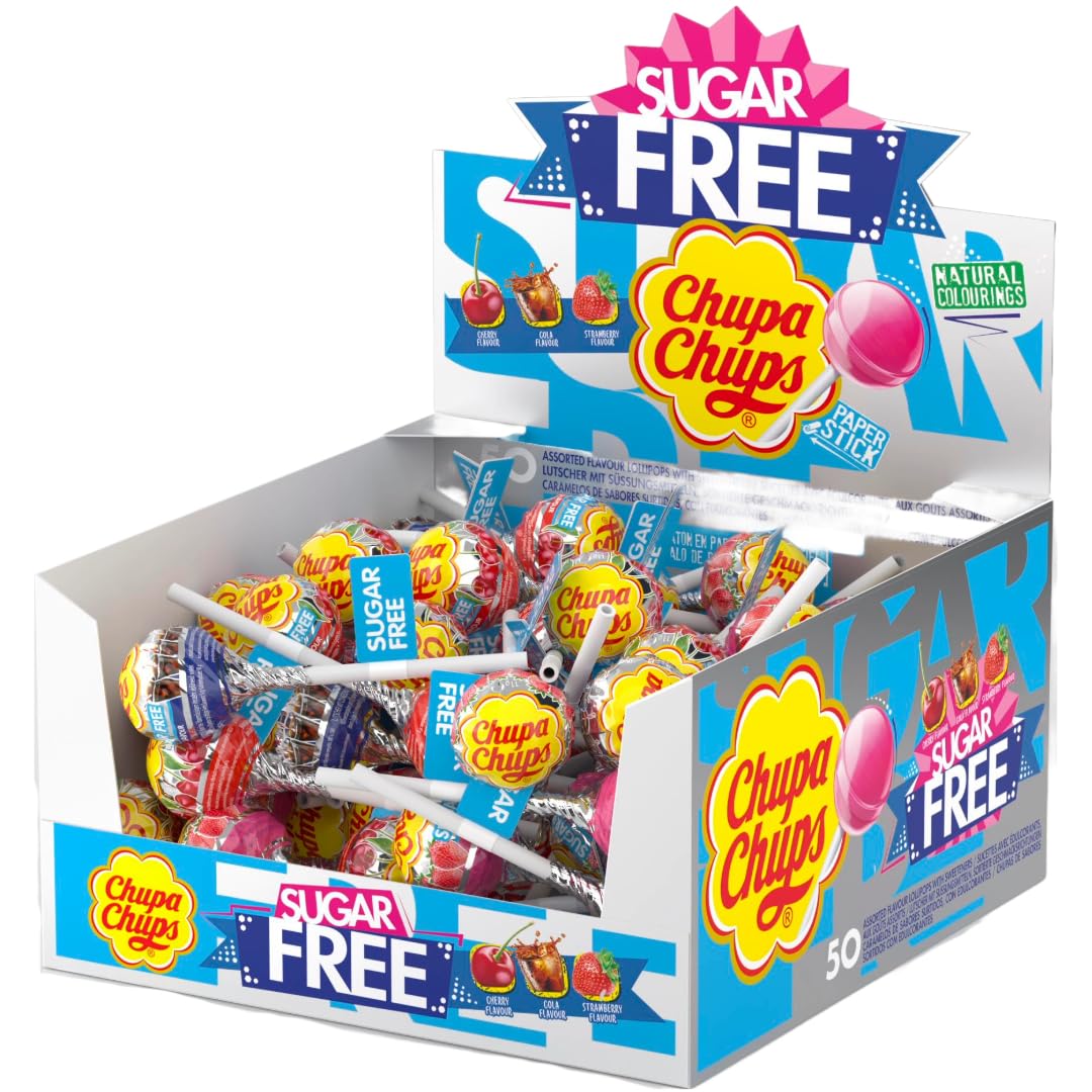 Chupa Chups zuckerfreie Lutscher, verschiedene Geschmacksrichtungen – Kirsche, Cola und Erdbeere, 50 Stück im Displaykarton