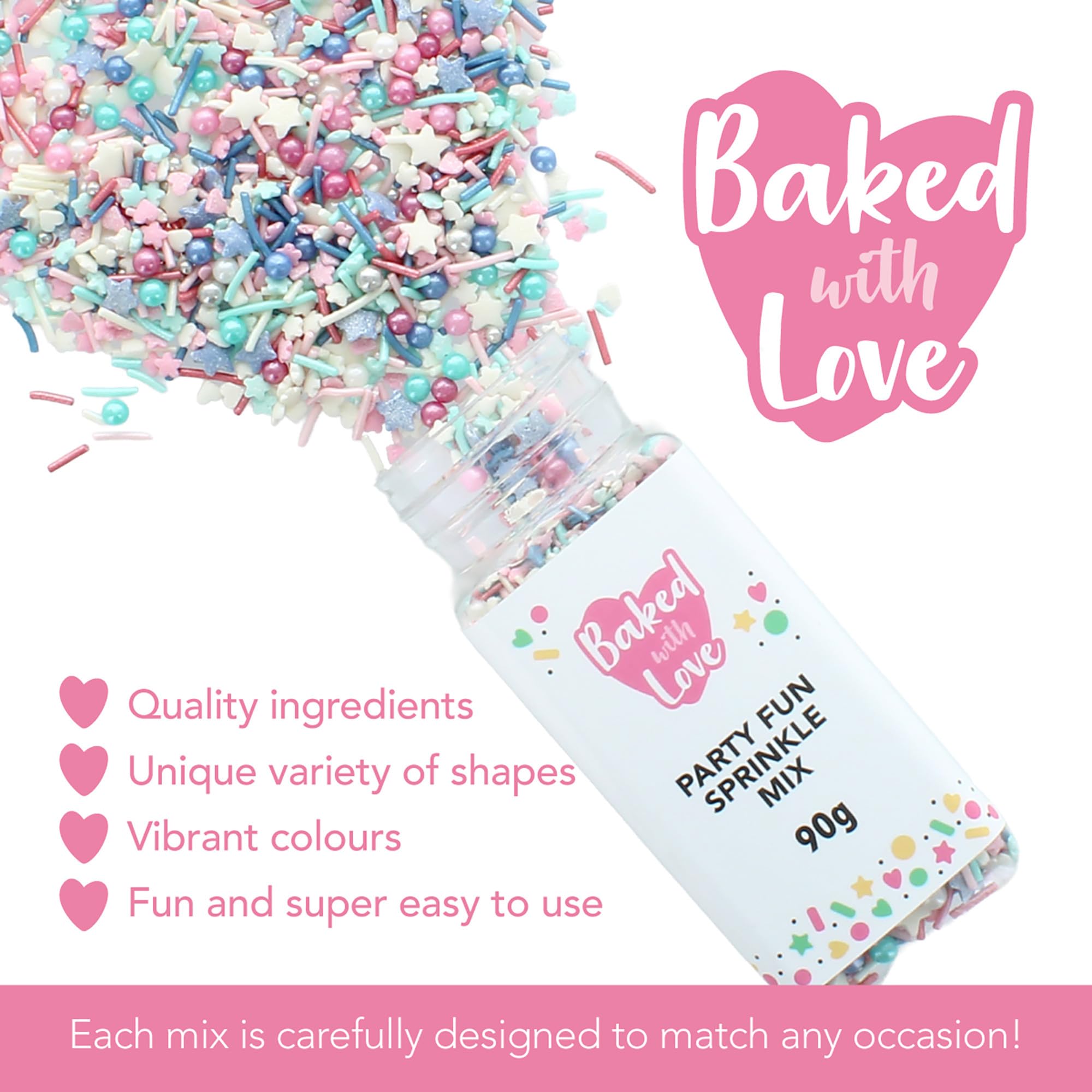 Baked With Love Party Fun Sprinkles - Blue, Pink & White Sugar Mix | 90g Resealable Bottle 2