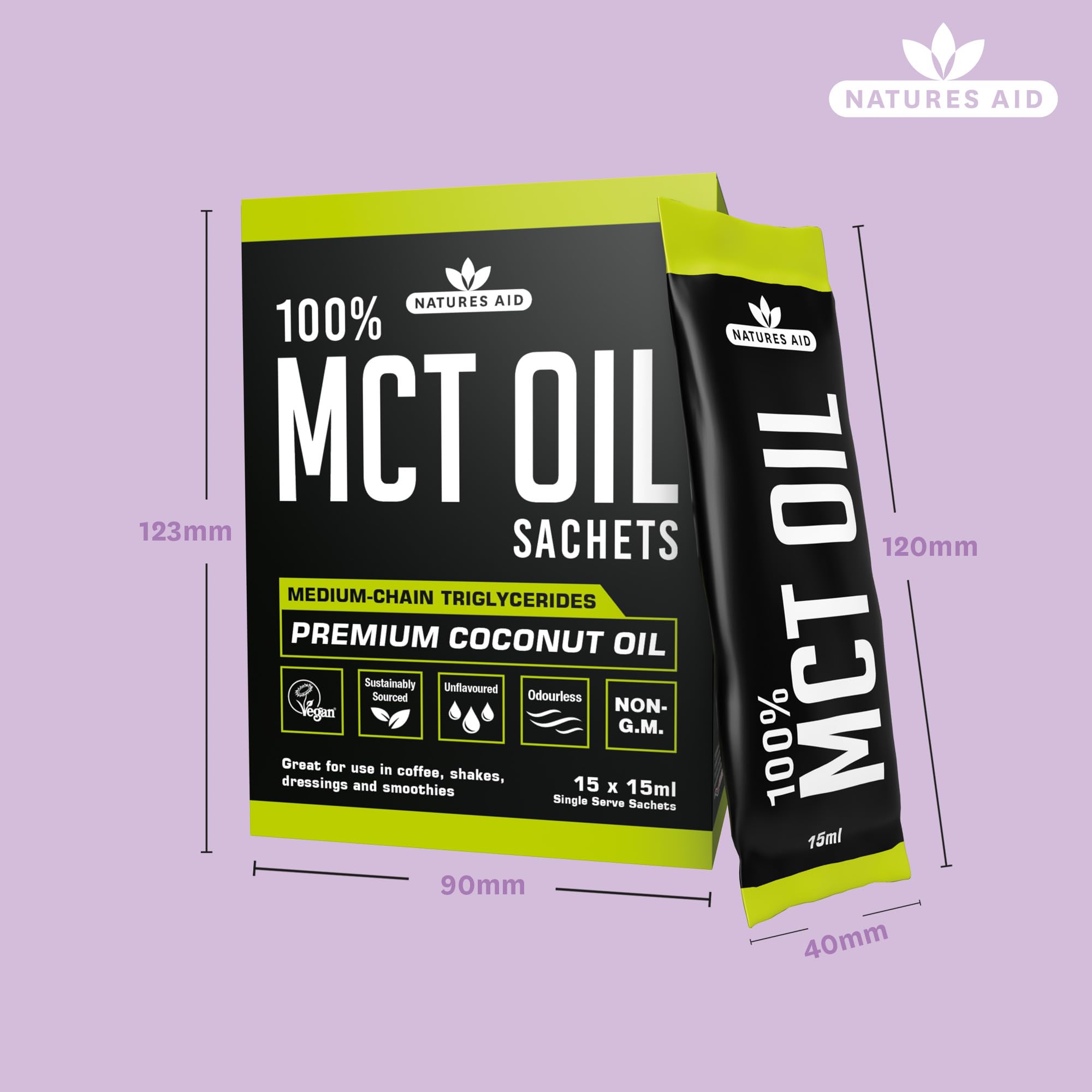 Natures Aid MCT-Öl, 15 Beutel à 15 ml – 100 % reines Kokosöl für Kaffee, Smoothies, Shakes und Dressings – vegan, vegetarisch, aus nachhaltiger Gewinnung