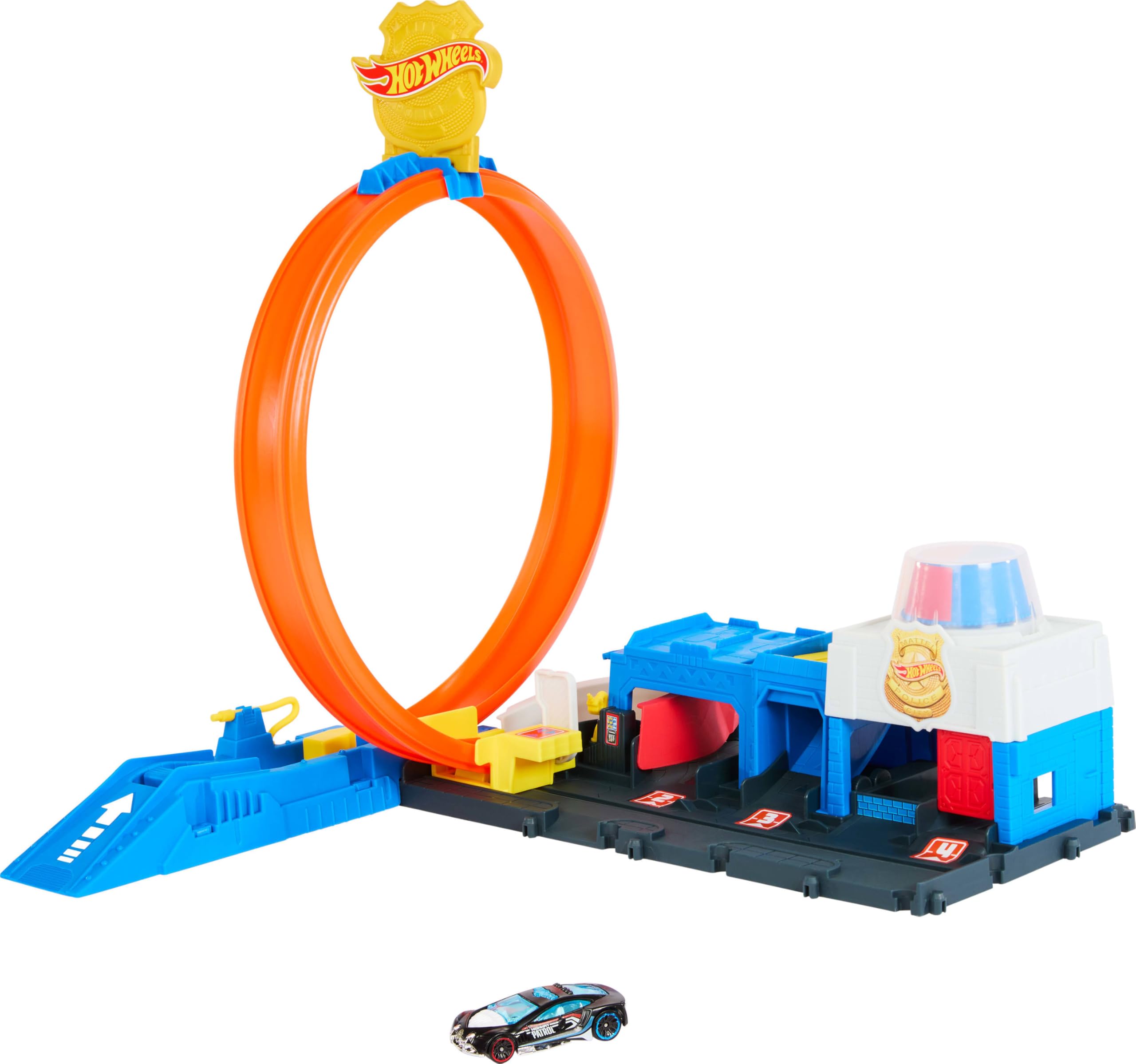 Hot Wheels Super Police Station Playset - 1:64 Scale Track Set with 4-Lane Stunt Racing for Kids 2