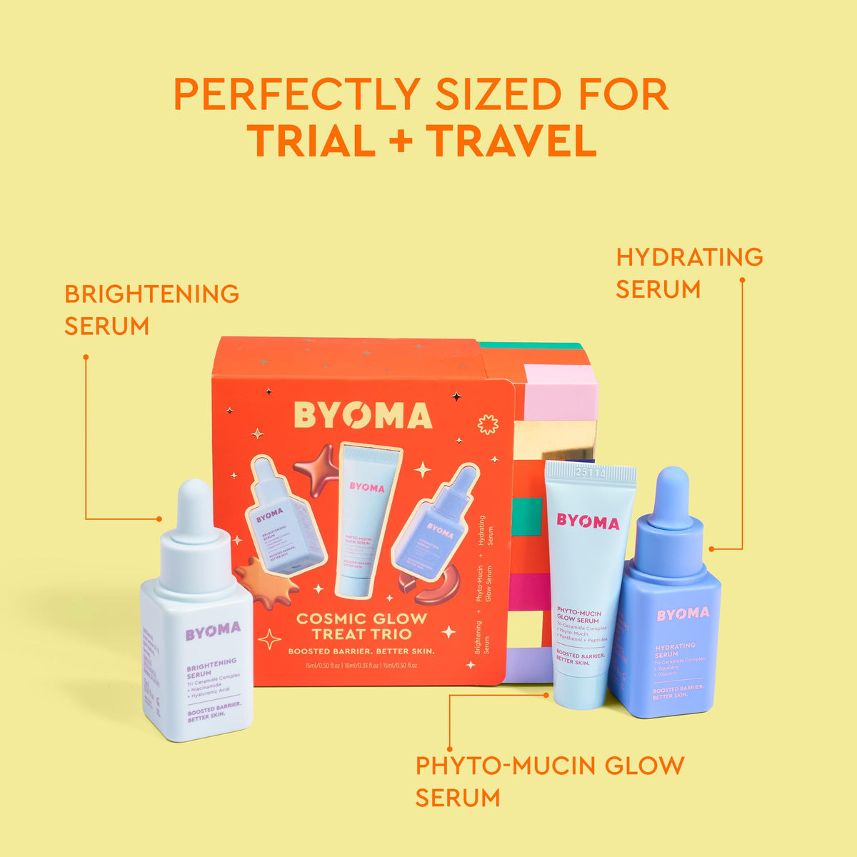 BYOMA Cosmic Glow Treat Trio - Hydrating, Brightening & Illuminating Mini Serums | 3 x 10-15ml Serums | Unisex Adult