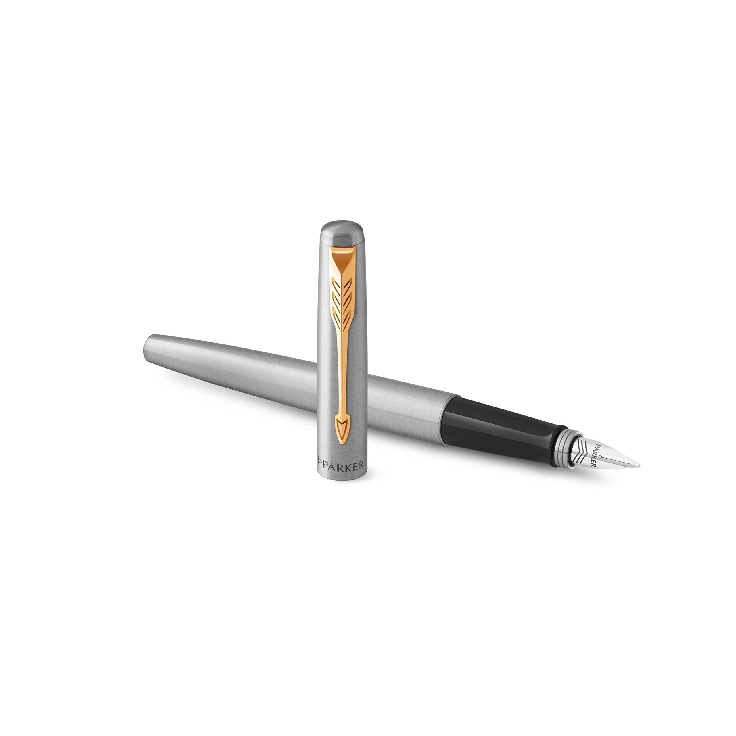Parker Jotter Fountain Pen | Stainless Steel with Gold Trim | Medium Nib Bl
