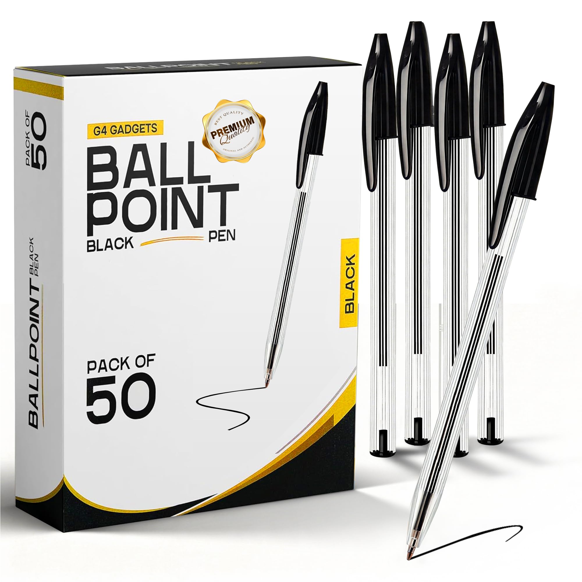 G4GADGET Pack of 50 Black Pens - Medium Tip Fluent Smooth Writing Black Bir