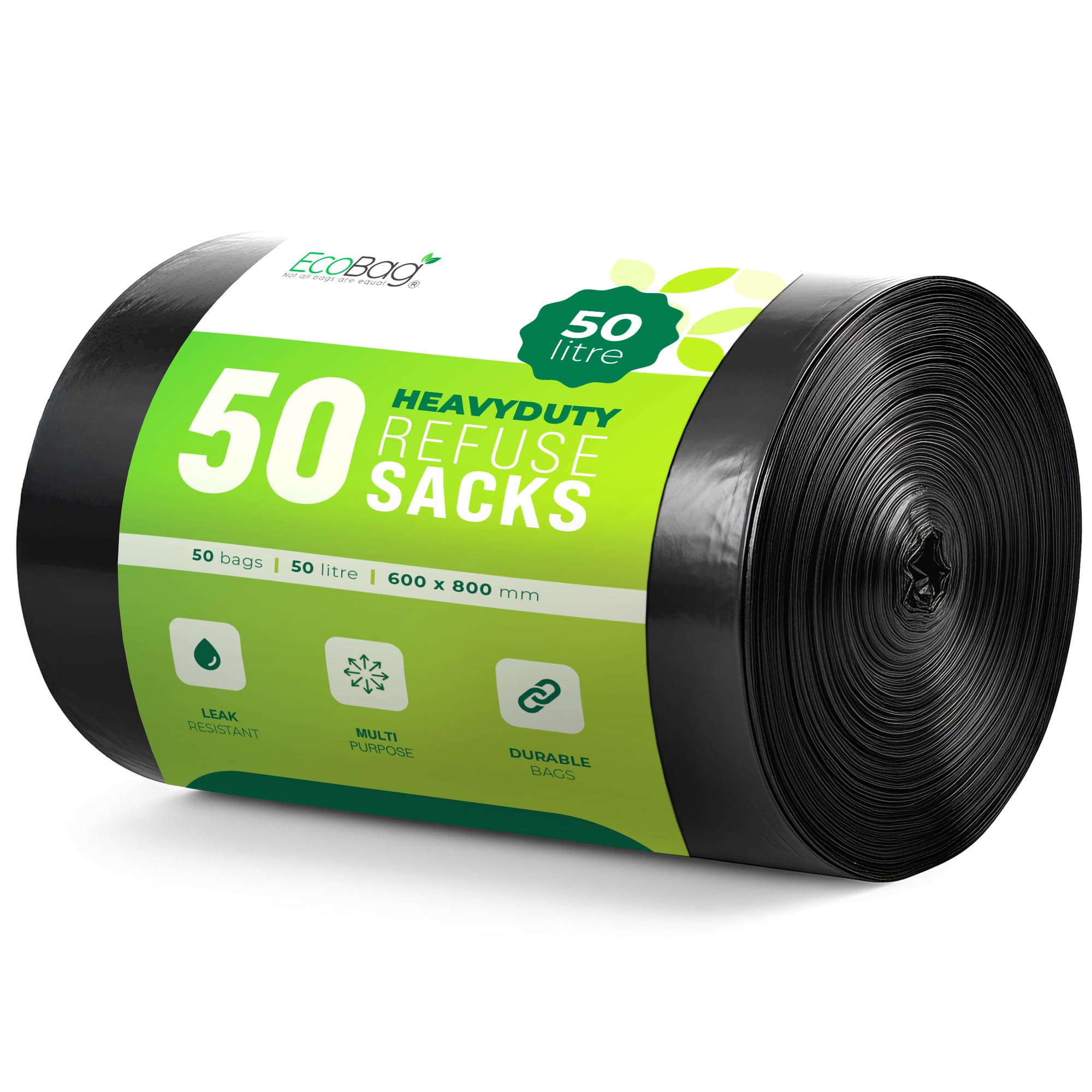 EcoBag 50L Heavy Duty Refuse Sacks - 50 Pack | 33 Micron | Recyclable