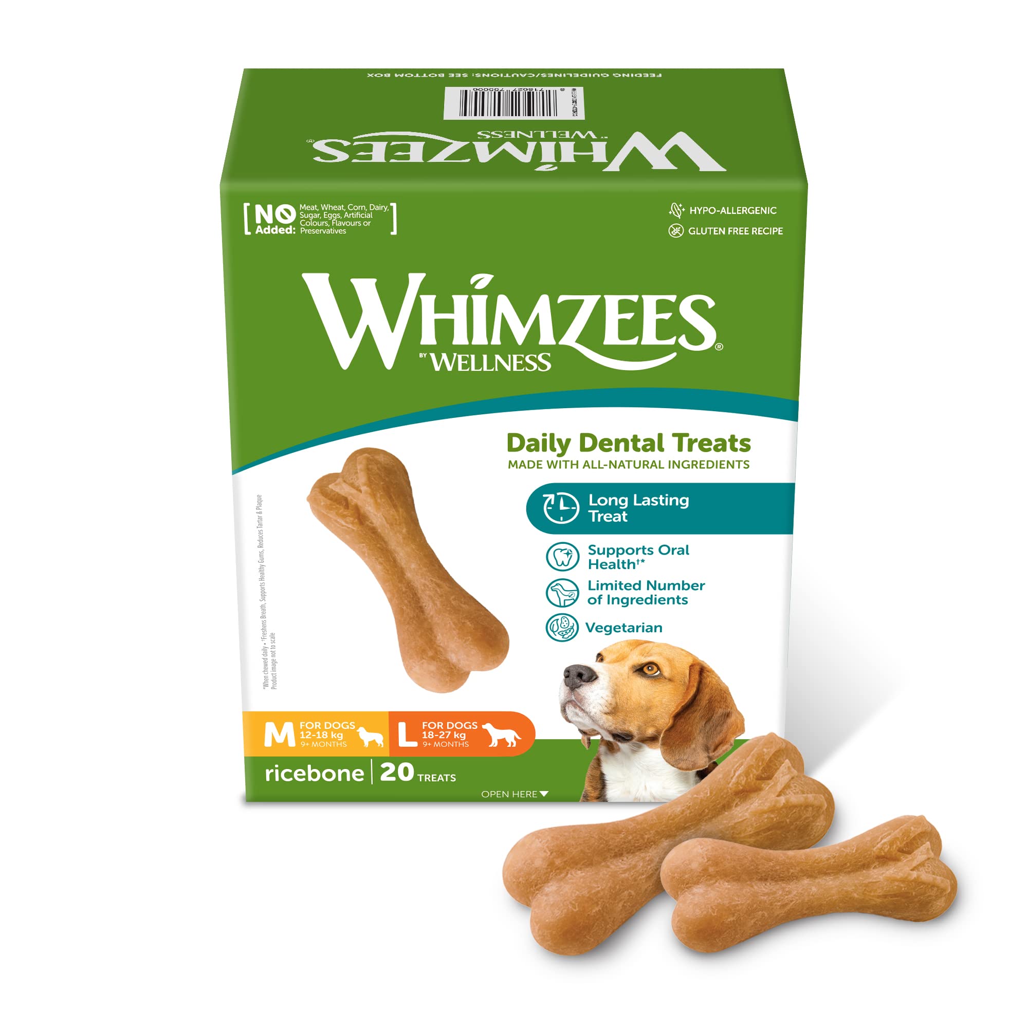 WHIMZEES Rice Bone Dental Sticks for Medium/Large Dogs, Potato Flavor, 20 Count 1