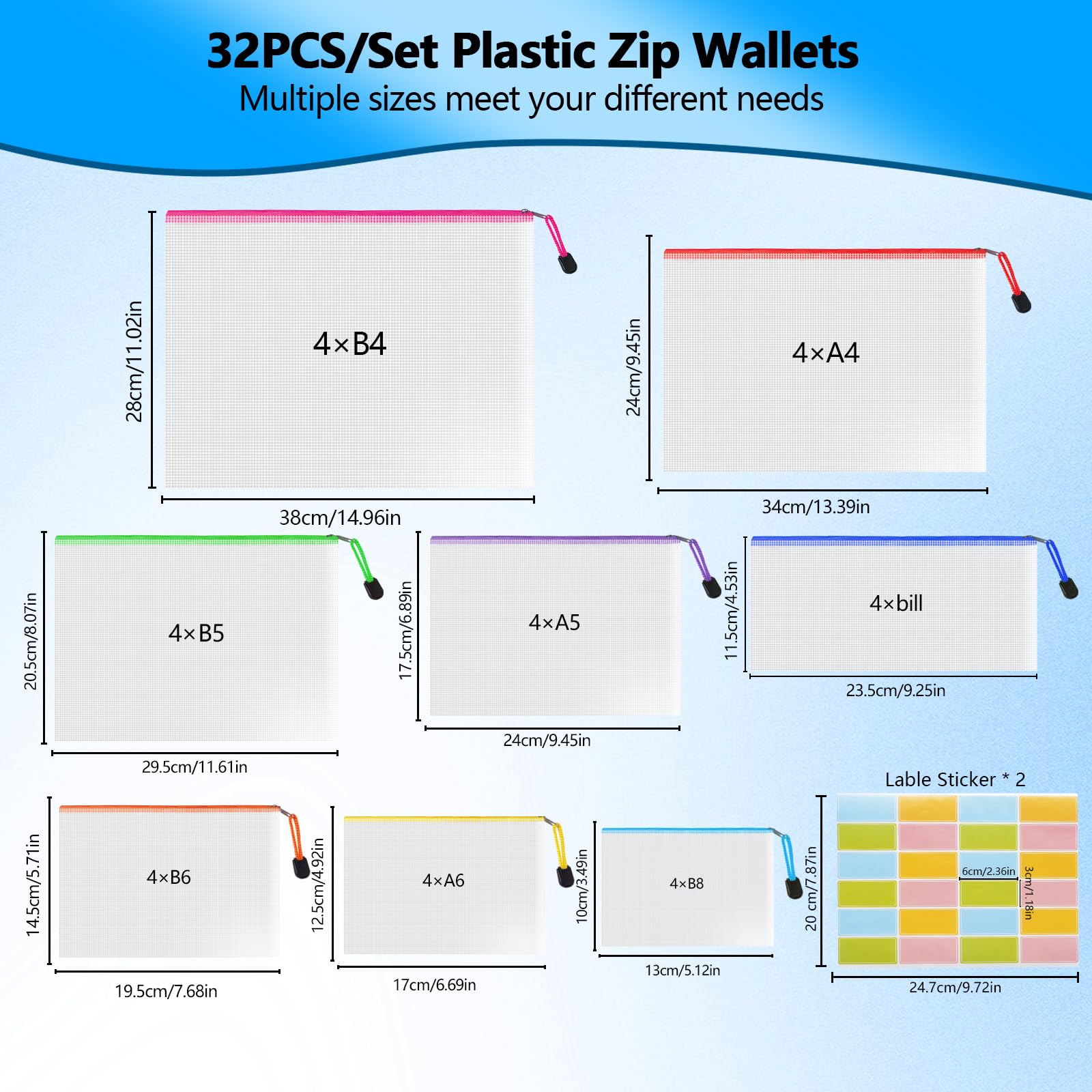 NORTHERN BROTHERS 32PCS Waterproof PVC Zip Lock Document Wallets in 8 Assorted Sizes 2