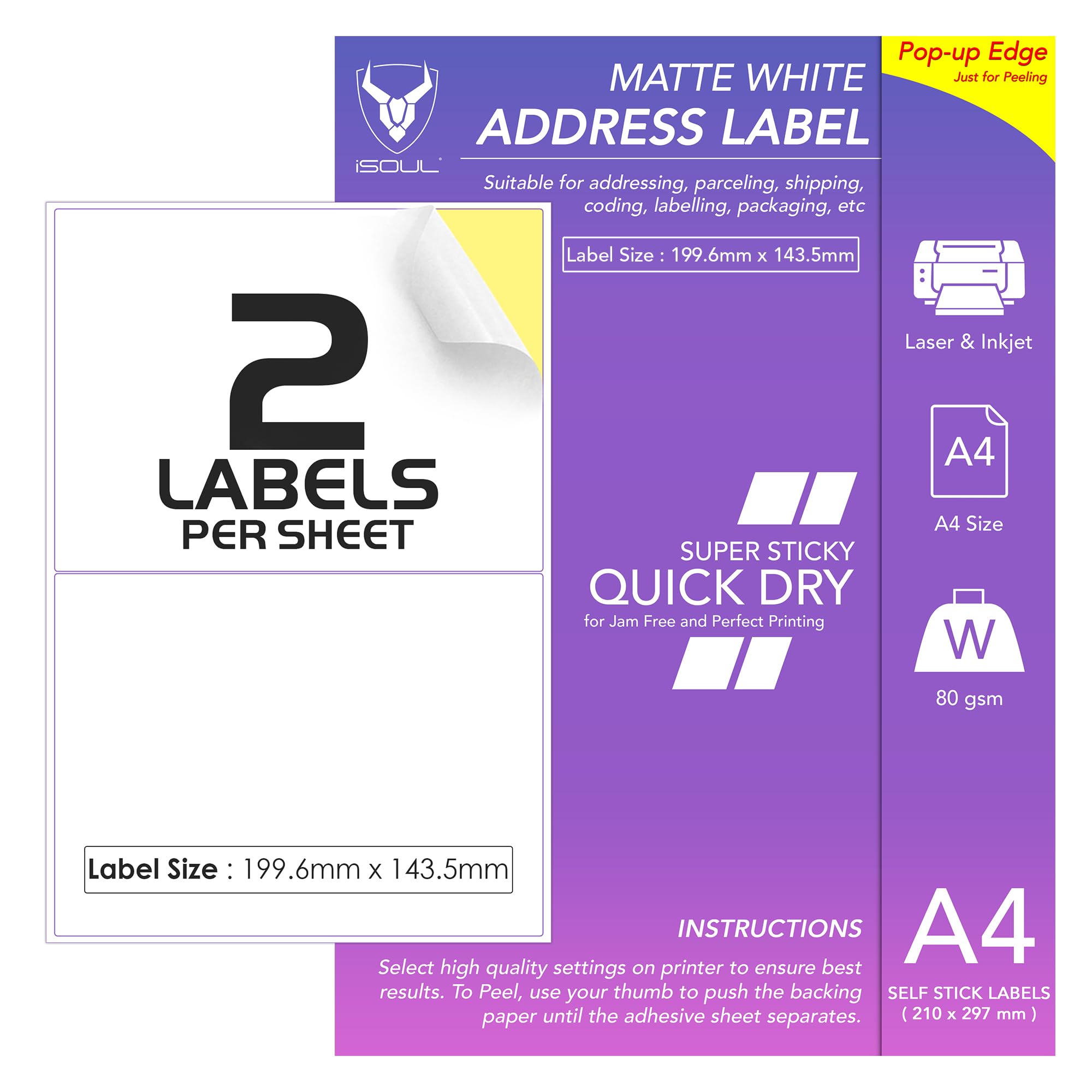 iSOUL Printable Printer Labels - 100 Labels on 50 A4 Sheets, Matte White, Inkjet & Laser Compatible