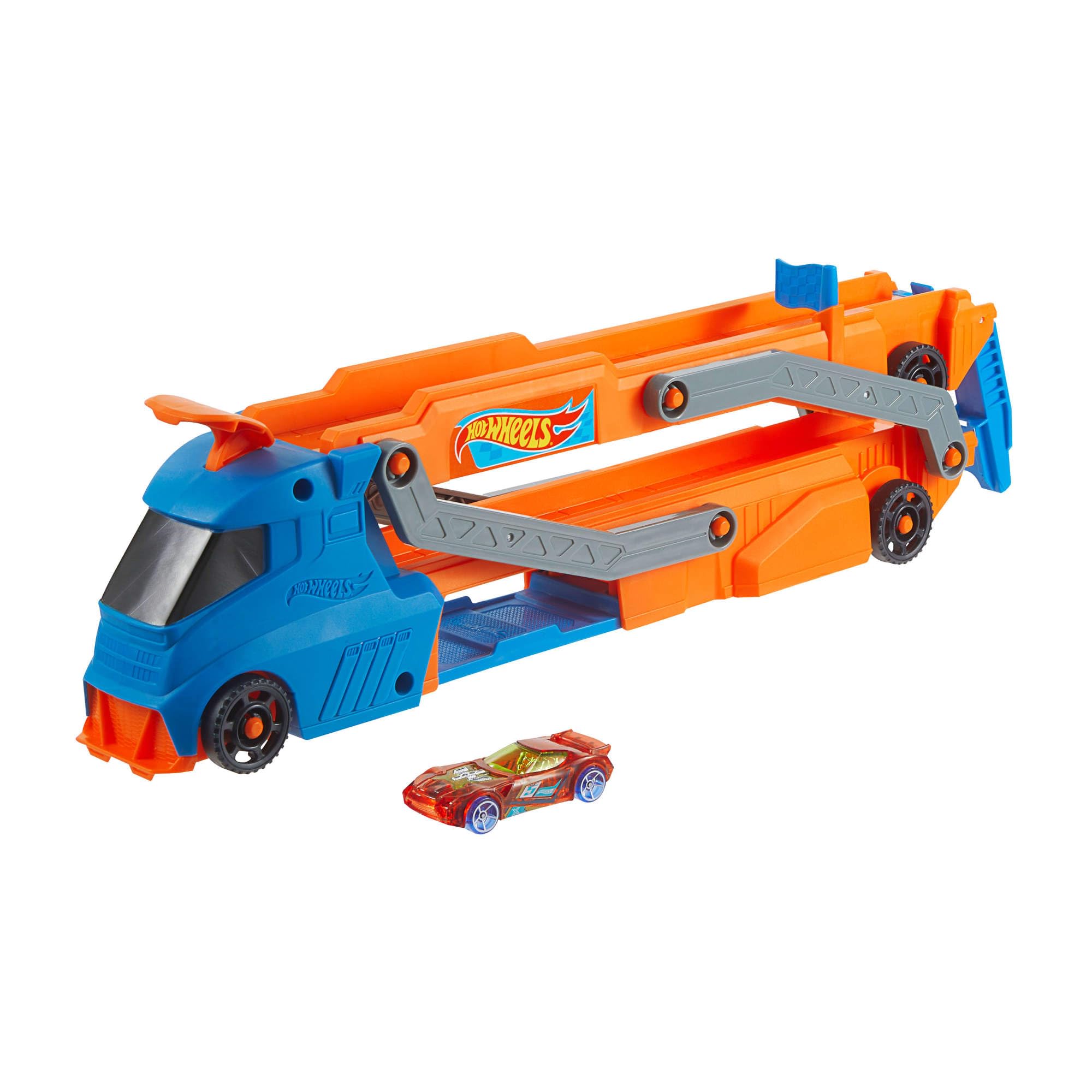 Hot Wheels Speed Track Transporter-Spielset – Orange City Speed Vehicle mit Auto im Maßstab 1:64 und 2,5 Fuß langer Strecke für Kinder