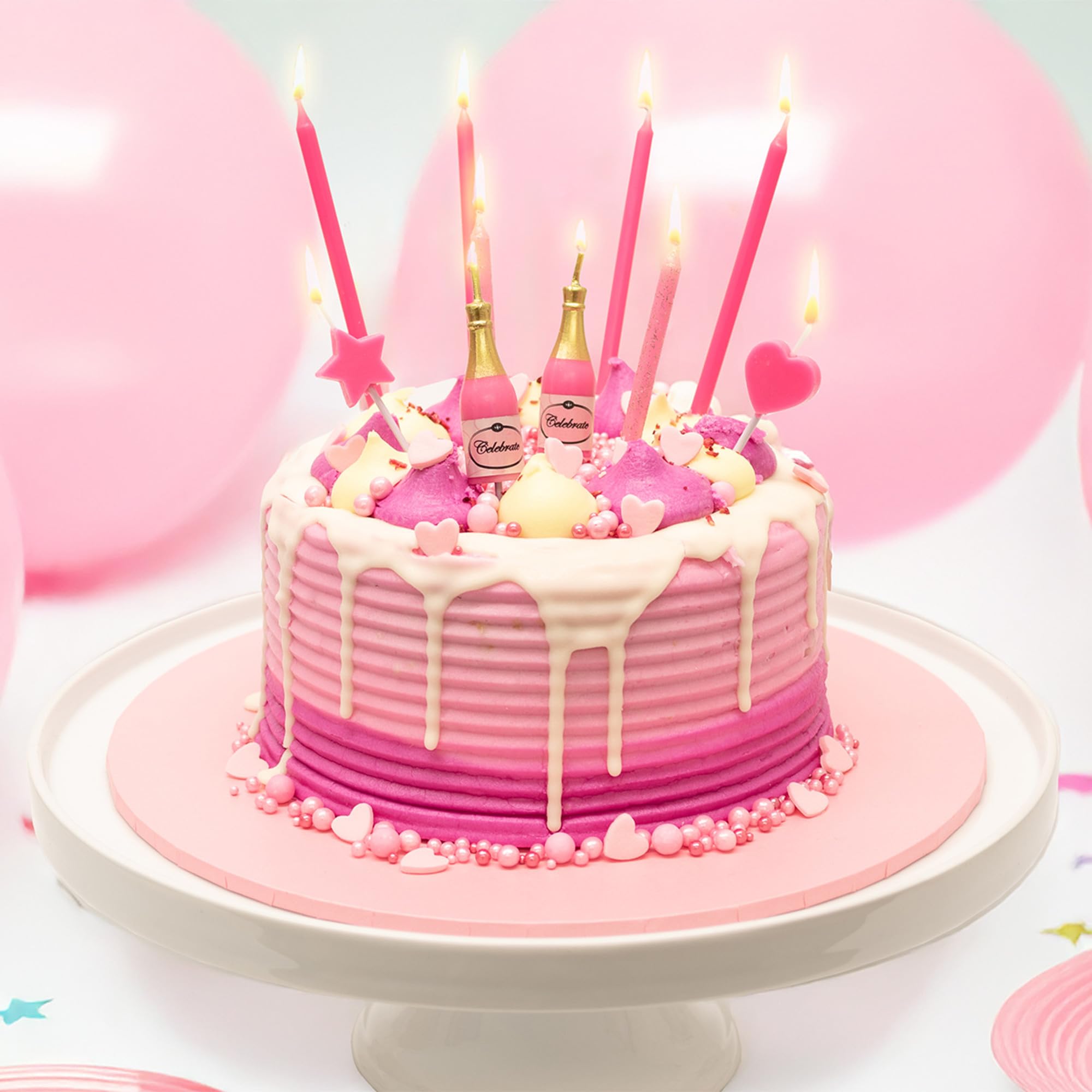 Culpitt Pink Fizz Cake Candles - 10 Piece Mixed Set with Glitter, Champagne Bottle, Heart & Star Shapes