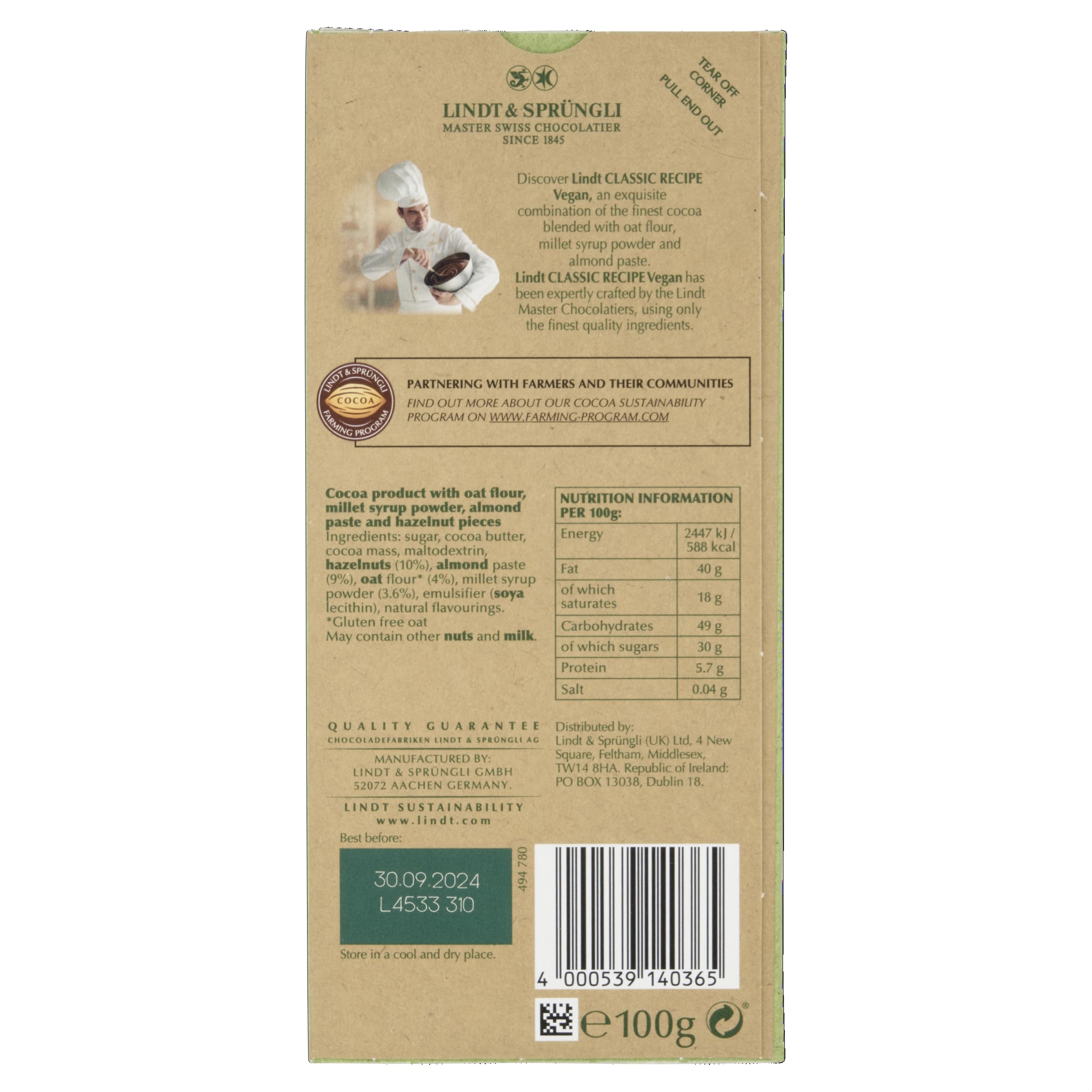 Lindt Vegan Chocolate Bar with Hazelnut, Almond & Oat Drink Powder, 100g 7