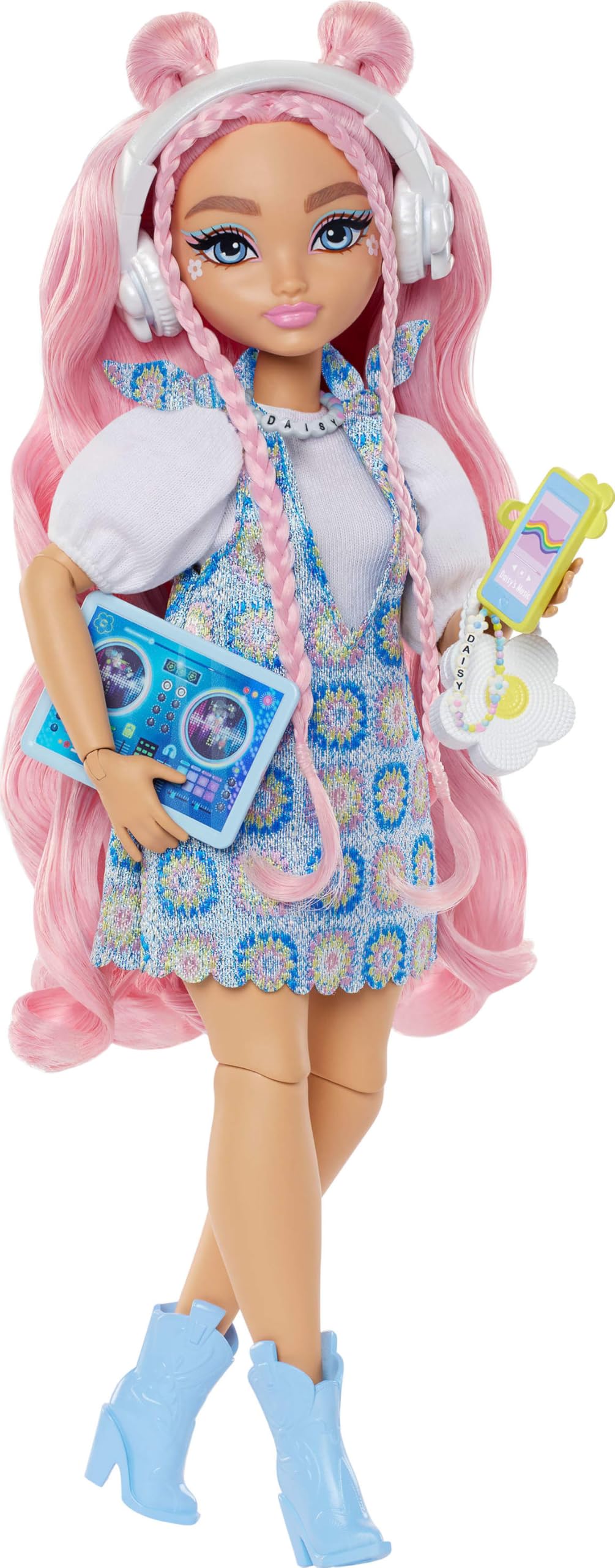 Barbie Dream Besties Daisy Jean Puppe & Musik-Spielset – bewegliche Modepuppe mit 9 Accessoires, rosa gewelltes Haar, ab 4 Jahren