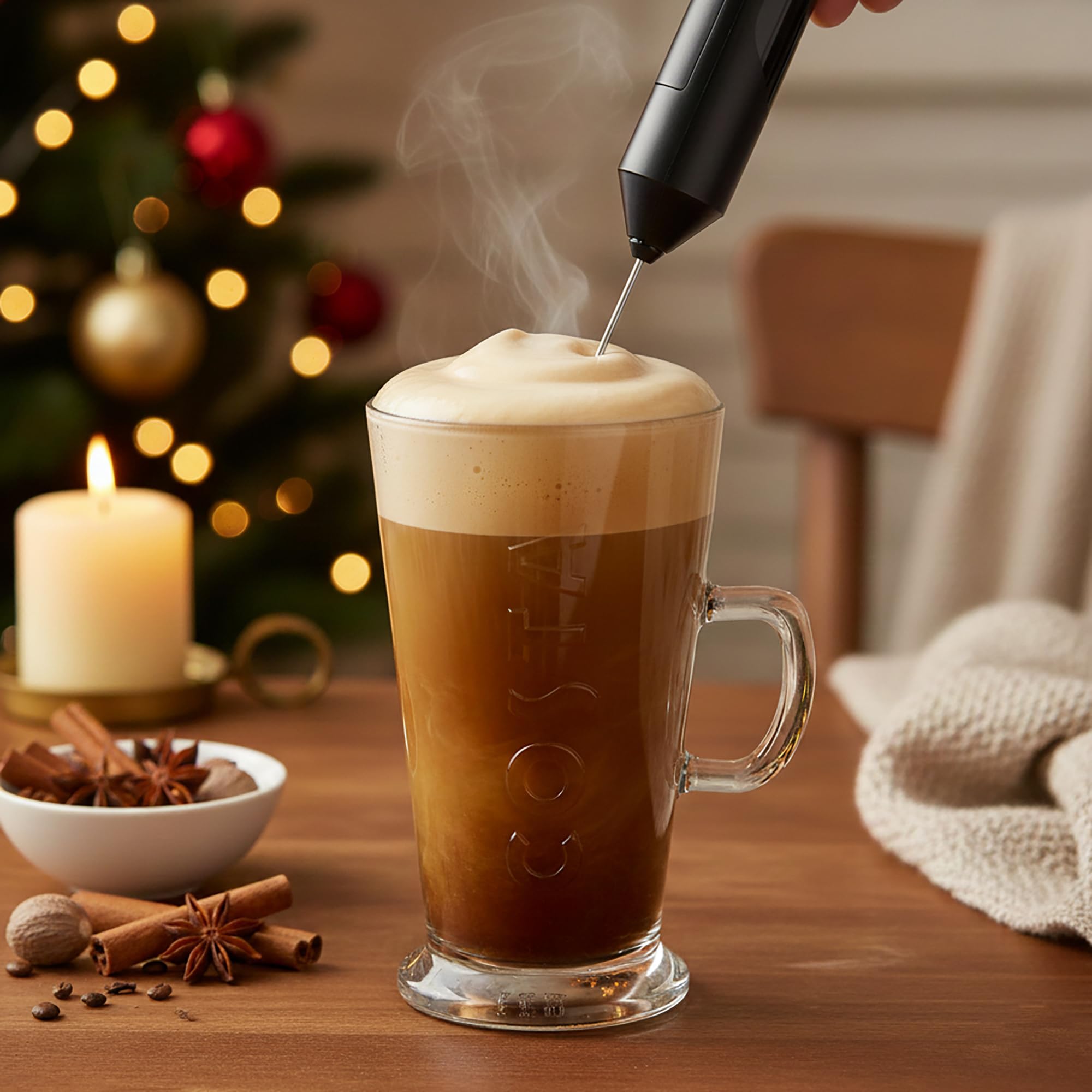 Kimm & Miller Costa Coffee Luxury Gift Set with Latte Glass & Battery-Powered Milk Frother 16