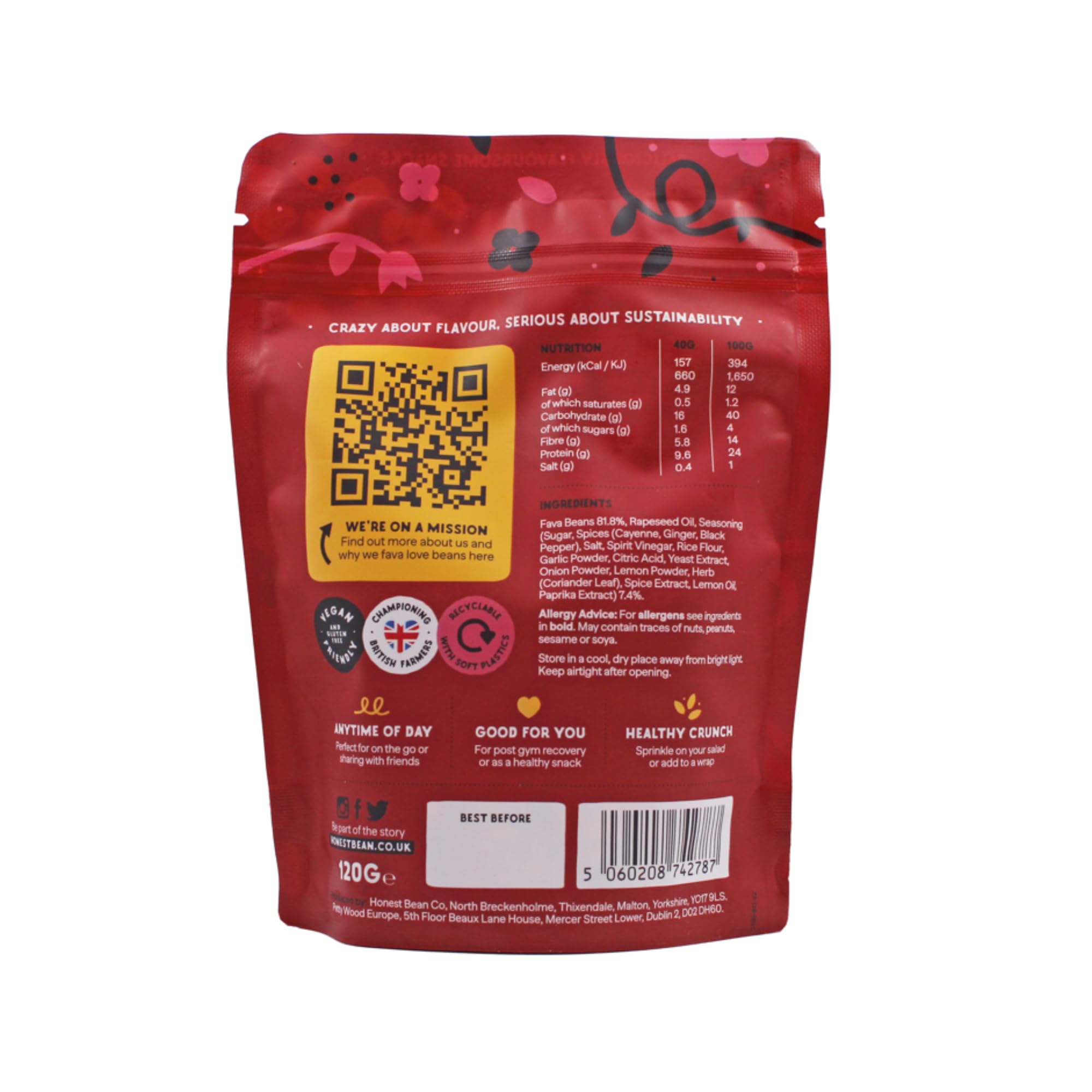 The Honest Bean Co Roasted Fava Bean Chilli & Lemon - High Protein, Vegan Snack, 120g