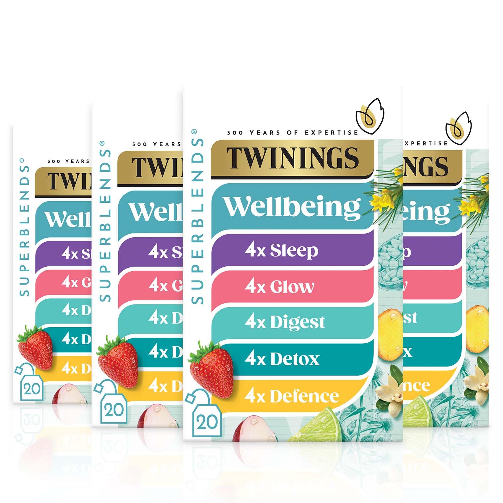 Twinings Superblends Wellbeing Collection – Teebeutel für Abwehr, Glanz, Verdauung, Entgiftung und Schlaf, 80 biologisch abbaubare Teebeutel