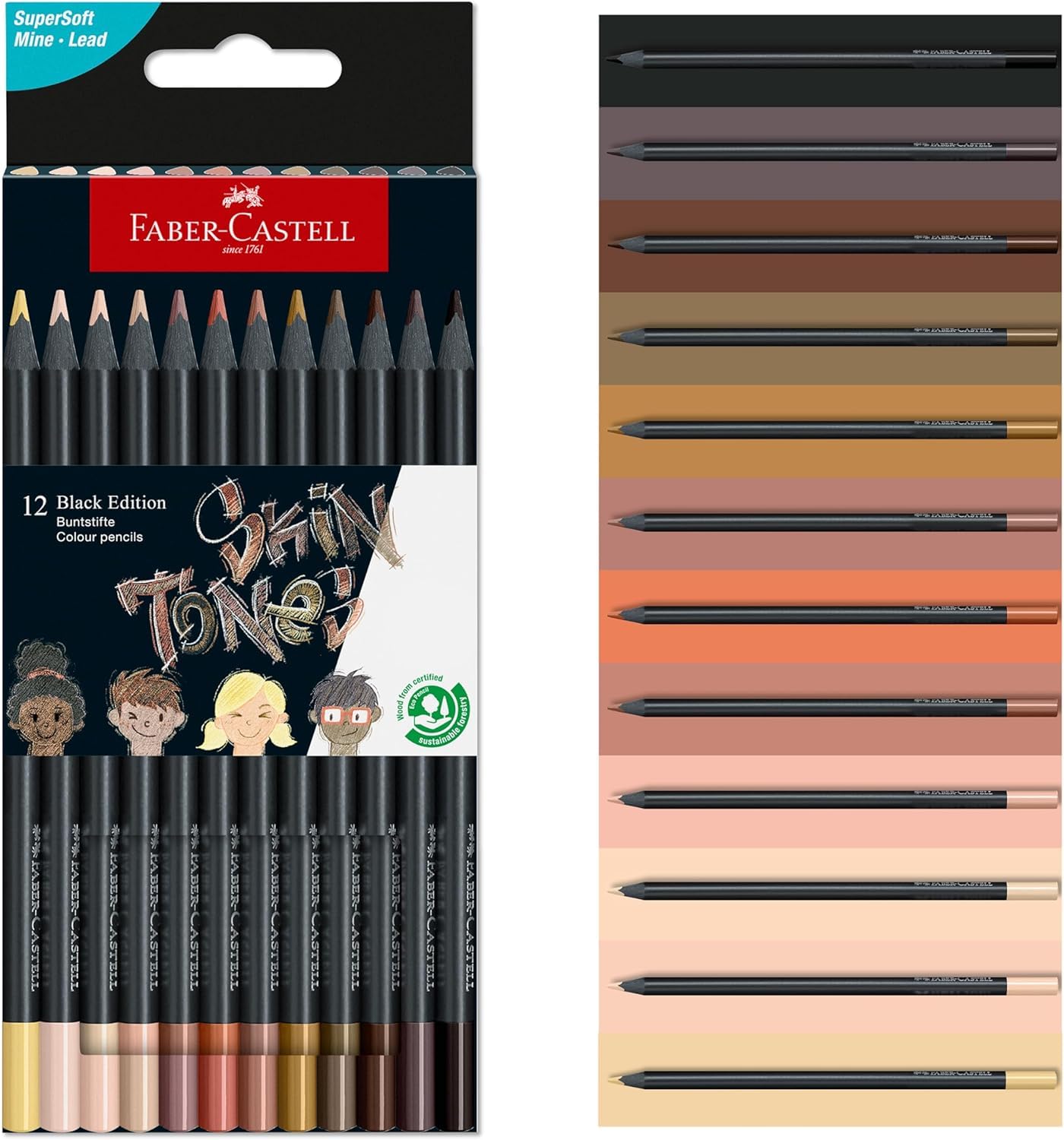Faber-Castell Colour Pencils Black Edition Skin Tones - 12 Count | Ergonomic Triangular Shape
