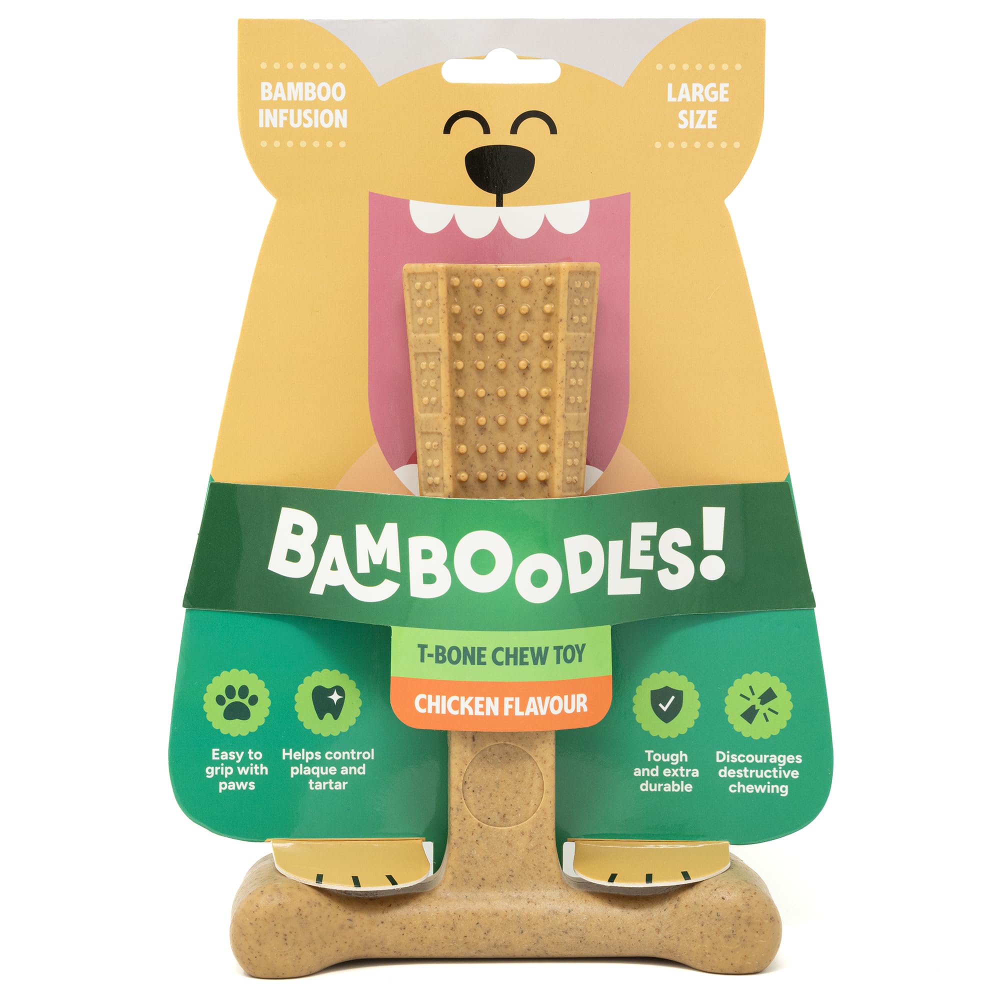 Bamboodles T-Bone Dog Chew Toy - Large Size | Chicken Flavour | Durable Nylon Bamboo 1